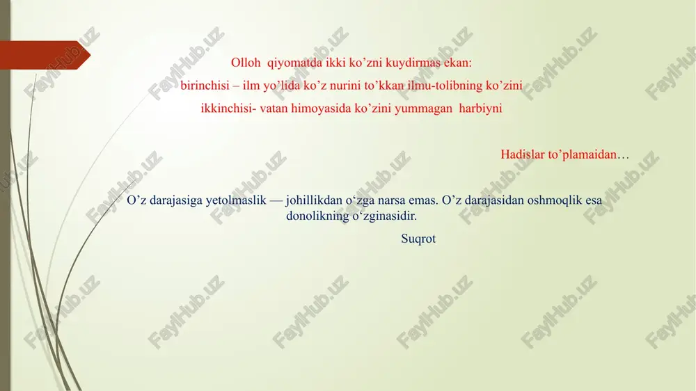 (fvdt)ni tashkil etish va uning faoliyatini ta'minlash asosiy maqsad va vazifa qilib belgilangan. harbiy okruglar harbiy okruglar - operatsion yoʻnalishlarda mamlakatning xavfsizligi va hududiy yaxlitligini taʼminlovchi asosiy harbiy-maʼmuriy birlik hamda umumqoʻshin tezkor-strategik hududiy birlashmasi. harbiy okruglar tarifi oʻzbekiston respublikasining 2001 yil 11 mayda qabul qilingan "mudofaa toʻgrisida"gi qonunning 12-moddasida belgilab berilgan. harbiy okruglar zimmalariga yuklangan vazifalarni bajaradilar hamda qonun hujjatlariga muvofiq qarorlar qabul qiladilar. oʻzbekiston respublikasi hududida 5 ta harbiy okrug boʻlib, ular: 1.shimoliy-gʻarbiy harbiy okruglar (qoraqalpogʻiston respublikasi, xorazm viloyati hududi), okrug shtabi nukus shahrida; 2.janubiy gʻarbiy maxsus harbiy okruglar (buxoro, navoiy, qashqadaryo va surxondaryo viloyatlari), okrug shtabi qarshi shahrida; 3.markaziy harbiy okruglar (samarqand, jizzax, sirdaryo viloyatlari), okrug shtabi jizzax shahrida; 4.toshkent harbiy okruglar (toshkent shahri va toshkent viloyati), okrug shtabi toshkent shahrida; 5.sharqiy harbiy okruglar (andijon, namangan, fargʻona viloyatlari), ok-rug shtabi margʻilon shahrida joylashgan. harbiy okruglar zimmalariga yuklangan vazifalarni bajaradilar hamda qonun hujjatlariga muvofiq qarorlar qabul qiladilar. xulosa o’rnida …