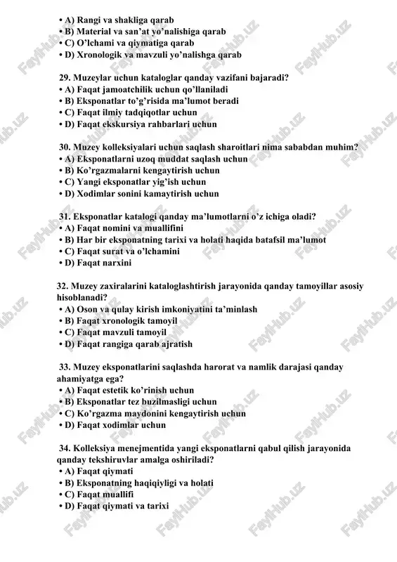ish • b) keng ko’lamli tadbirlar • c) muayyan mavzu yoki voqeani aks ettirish • d) ilmiy maqsadlarda 45. ilmiy ekspozitsiya nima? • a) faqat ilmiy maqolalar • b) har bir eksponatning ilmiy asoslangan joylashuvi • c) ilmiy tadqiqotlar • d) kitoblar bilan cheklangan 46. kichik ko’rgazmalarni tashkil qilish qaysi omil bilan bog’liq? • a) xodimlarning soni bilan • b) moliya mablag’i bilan • c) eksponatlar turli bilan • d) hech biri 47. muzey zallarida ekspozitsiyalarni qanday tartibda joylashtirish kerak? • a) tartibsiz • b) o’quv ahamiyatiga ko’ra • c) xronologik va mavzuli asosda • d) faqat zamonaviy eksponatlar 48. muzeylarda maxsus eksponatlarni qanday himoya qilish zarur? • a) ochiq joyda • b) shishali vitrinlarda • c) faqat xodimlarning nazoratida • d) hech qanday himoyasiz 49. birinchi panorama 1787-yili qaysi rassom tomonidan yaratilgan? • a) a. meller • b) f. akvinskiy • c) t. mosarik • d) r. barker 50. …