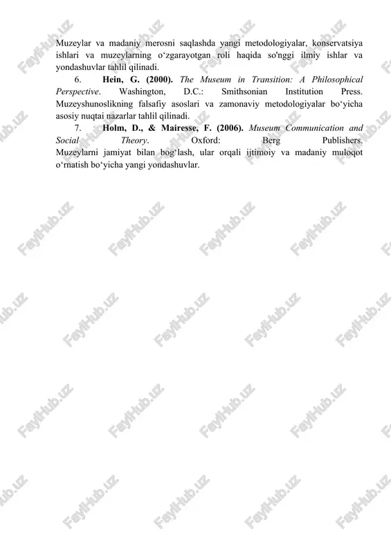 ondashuv, ayniqsa, etnik va madaniy xilma-xillikka ega bo‘lgan jamiyatlarda muhim ahamiyatga ega. misol: "smithsonian institution" (aqsh) muzeylari va boshqa yirik milliy muzeylar madaniy merosni o‘rganish va tarqatishda madaniyatlararo aloqalarni rivojlantirishda katta rol o‘ynaydi. xulosa: muzeyshunoslikda yangi yondashuvlar va metodologiyalar muzeylarning jamiyatdagi rolini, ularning ilmiy va madaniy ahamiyatini yangi o‘lchamga olib chiqmoqda. raqamli texnologiyalar, konservatsiya metodlaridagi yangiliklar, pedagogik yondashuvlar va madaniyatlararo muloqot — bularning barchasi muzeylarning kelajagini belgilaydi. shuningdek, muzeylar jamiyatga yangi g‘oyalar va tasavvurlarni taqdim etishda davom etadi, ularning yangi metodologik yondashuvlari bu jarayonni yanada samarali va qiziqarli qilishga yordam beradi. foydalanilgan adabiyotlar ro‘yxati: 1. baker, c. (2019). museums and the digital: new directions in museum studies. london: routledge. ushbu manbada raqamli texnologiyalarning muzeylar faoliyatiga ta'siri, shuningdek, virtual va interaktiv ko‘rgazmalarni tashkil etish bo‘yicha metodologiyalar ko‘rib chiqilgan. 2. macdonald, s. (2011). a companion to museum studies. oxford: blackwell publishing. muzeyshunoslikka oid ilmiy asoslar, metodologiyalar va yondashuvlar tahlil qilinadi, jumladan, muzeylarning …