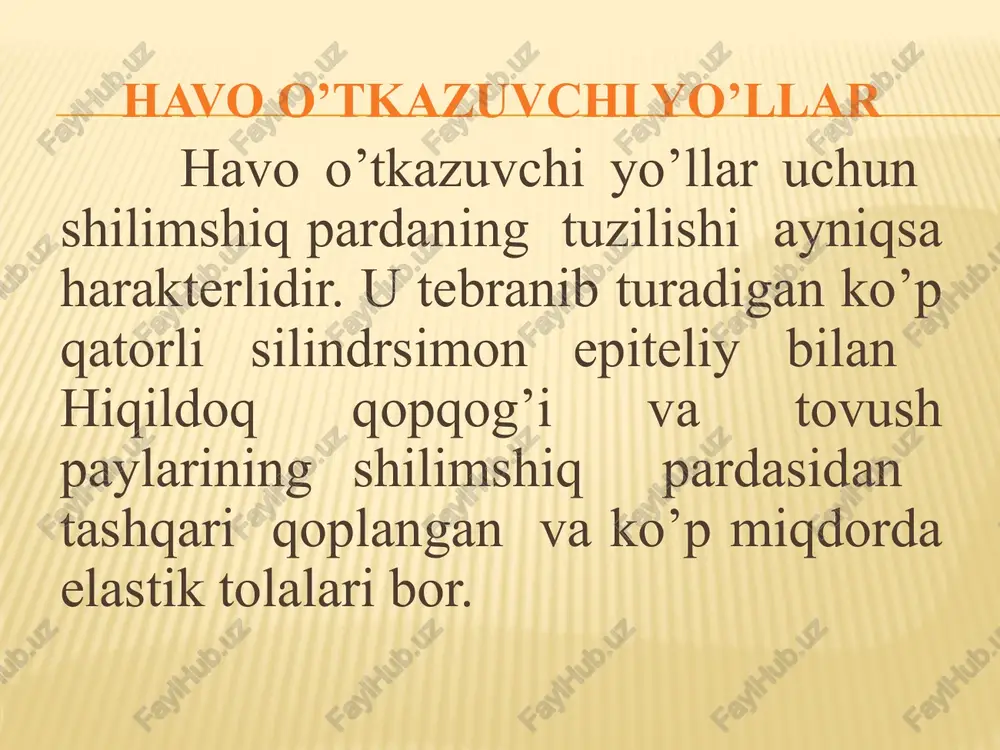 toraygan va joylashgan ustki qismi o’pkaning uchi ko’krak qafasining oldingi tomonida bir -qovurg’a tog’ayining tush suyagi bilan birikadigan joyidan 3 sm yuqorida joylashadi,orqa tomonda uning joylashgan sathi 1 -qovurg’a buyniga to’g’ri keladi. o`pkaning qon tomirlari o’pka oralik yuzasining markaziy qismida uning qopqasi joylashgan.har bir o’pkaning qopqasiga birlamchi bronx, o’pkaga venoz qon olib keluvchi ancha katta bo’lmagan bronxial arteriya kiradi. har bir o’pka qopqasidan yurakka arterial qon olib ikkita o’pka venasi chiqib ketadi. o’pkalardan limfa tomirlari ham chiqib ketadi. o’pka qopqasi orqali o’tuvchi bu hamma xosilalar o’pka ildizini hosil qiladi. nafas olish a`zolarini qo`shimcha azolari 1. diafragma 2. suyak va muskullar. 3. plevra pardalari. plevra /plevra/. har qaysi o’pka plevra deb ataladigan seroz parda bilan o’ralgan plevra ikki varaqdan ichki /vistseral/ va devor /parietal/ pardadan iborat, ichki varag’i a'zosi hamma tomondan o’rab olib u bilan birlashib ketgan. u o’pka ildizi yaqinida devorga tushgan varag’iga o’tadi. devor varag’i ko’krak bo’shligi devorini qoplab …