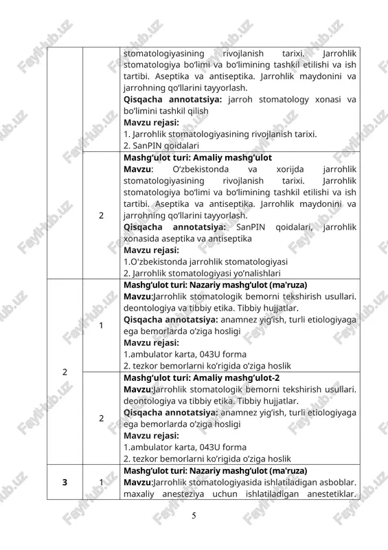 tish va jag’larning innervatsiyasi 2. uch shoxli nervning anatomik tuzilishi 6 1 mashg‘ulot turi: nazariy mashg‘ulot (ma'ruza) mavzu: anesteziya turlari. umumiy anesteziya (narkoz). ko‘rsatmalar va qarshi ko‘rsatmalar. statsionarda va poliklinikada narkoz o‘tkazish. maxalliy anesteziya. in'eksiyasiz va in'eksion anesteziya. qisqacha annotatsiya: anestetiklar turlari. ommoviy anestetiklari, nojo’ya ta’sirlari mavzu rejasi: 1. anesteziya turlari. umumiy (narkoz) va mahalliy anesteziya 2. in’eksion va noin’eksion anesteziya 2 mashg‘ulot turi: amaliy mashg’ulot 6 mavzu: anesteziya turlari. umumiy anesteziya (narkoz). ko‘rsatmalar va qarshi ko‘rsatmalar. statsionarda va poliklinikada narkoz o‘tkazish. maxalliy anesteziya. in'eksiyasiz va in'eksion anesteziya. qisqacha annotatsiya: anestetiklar turlari. ommoviy anestetiklari, nojo’ya ta’sirlari mavzu rejasi: 1. anesteziya turlari. umumiy (narkoz) va mahalliy anesteziya 2. in’eksion va noin’eksion anesteziya 7 1 mashg‘ulot turi: nazariy mashg‘ulot (ma'ruza) 7 mavzu:infiltratsion anesteziya. o‘tkazuvchan anesteziya. infraorbital anesteziya (oral - va intraoral, infraorbital usullari), tuberal anesteziya (oral - va intraoral usullar). qisqacha annotatsiya: infiltratsion anesteziya tushunchasi mavzu rejasi: 1. infiltratsion anesteziya 2. o’tkazuvchan …
