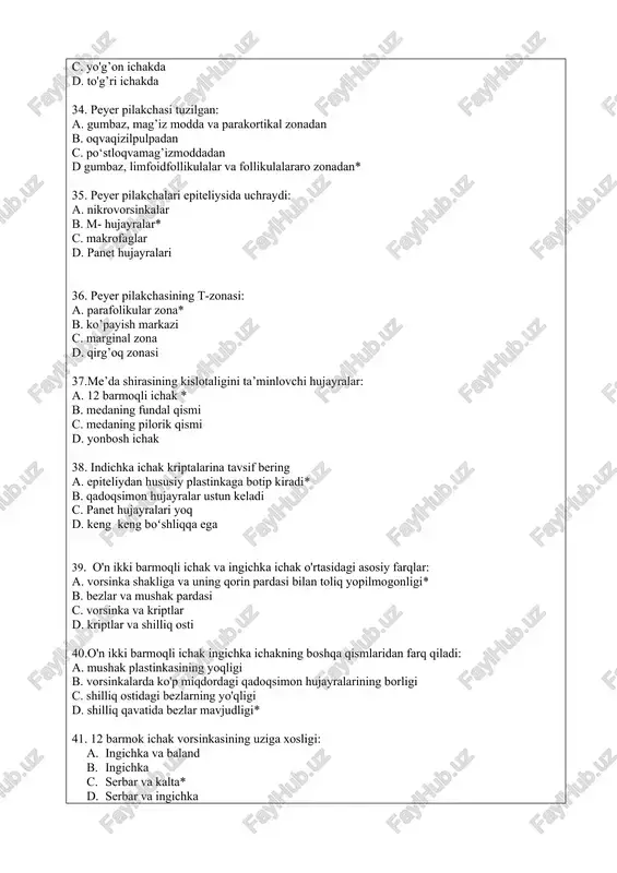 ripta xujayralari bulinadi c. xujayralar tushib ketadi d. kripta xujayralari bulinadi va vorsinkaga siljiyshi 50. ekstruziya bu: 1. kripta xujayralarining vorsinkaga karab siljishi 1. kripta xujayralari bulinadi 1. xujayralar tushib ketadi * 1. kripta xujayralari bulinadi va vorsinkaga siljiyshi 51. bushlikdagi xazm bu: a. oziq moddalarning fermentlar tasirida ichak bushligida parchalanishi * b. oziq moddalar jiakli xujayralar mikrovorsinkalarida parchalanishi c. oziq moddalar jiakli xujayralar tsitoplazmasida kayta parchalanishi d. oziq moddalarning shillik parda xususiy plastinkasiga surilishi 52. membranadagi yoki devor oldi hazm bu: a. fermentlar hisobiga ichak bo'shlig'ida ovqat hazm qilish b. vorsinkalardagi hazm qilish c. chegaralangan enterotsitlarda ovqat hazm qilish* d. hususiy plastinkadagi ovqat hazm qilish 53. devordagi(membranadagi) ovqat hazm qilish qayerda sodir bo'ladi? a. jiyakli hujayralarining mikrovorsinkalarida* b. jiyaksiz hujayralar mikrovorsinkalarida c. apikal donador hujayralarning mikrovorsinkalarida d. panet hujayralari mikrovorsinkalarida 54.jiyakli hujayralarda qanday hazm qilish sodir bo'ladi? a. boʻshliq b. membranali* c. boʻshliq va hujayra ichidagi d. hujayra ichidagi …