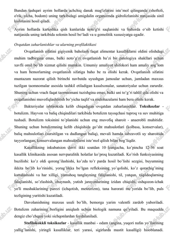 atiladi. to'xtovsiz suyuq ich ketish (xolerasimon) kuzatiladi, chunki uning tarkibida amanitin nomli zahar bo'ladi. muxomor bilan zaharlanganda vegatativ, mns jarohatlanishi belgilari kuzatiladi, chunki uning tarkibida muskarin va muskaridin zaharlari bo'ladi. strochok tarkibida germitrin va gelvell kislotasi bo'lganligi sababli, sarg'ayish va gemoturiya yuzaga keladi. zaharlanishlarning oldini olish maqsadida aholiga zaharli qo'ziqorinlar haqida iloji boricha ko'proq tushintirish ishlari o'tkazilishi talab etiladi. zaharli hayvon mahsulotlari orqali zaharlanishlar - marinka, ignaqorin, mo'ylovli baliq va sevan baliqlarning ikralari va baliq sutlari, qoramollarning ichki sekret bezlari - buyrak usti bezi, oshqozon osti bezi kabilarni iste’mol qilganda kelib chiqadi. zaharli o'simliklar orqali zaharlanishlar - zaharli o'simliklar qatoriga loodan ortiq turdagi o'simliklar kiritilgan: bangidevona (durman), mingdevona (belena), bodiyon yoki zangpoya (pyatnistiy boligolov), belladon (krasavka), akonit yoki parpi, marjonbo'ta (buzina), o'rta osiyoda esa ko'proq ko'k maraz yoki xazarangul (geliotrok), kampirchopon (trixodesma). agar bug'doy yoki afadoni ko'k maraz urug'i bilan aralashsa va iste'mol qilinsa toksik gepatit, kampirchopon bilan ifloslanganda esa …