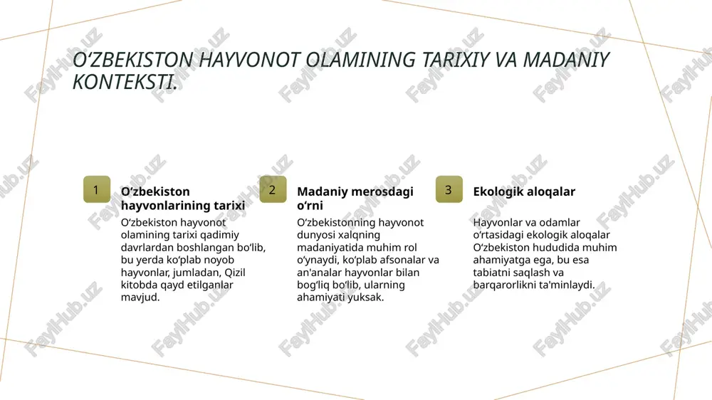 a xalqaro tashkilotlar ishtirokida ta'lim dasturlari orqali hayvonot dunyosi muhofazasida ko‘proq resurslar va bilimlarni ulashish mumkin. xulosa 1 o‘zbekiston hayvonot dunyosi - o‘zbekiston hayvonot dunyosi, noyob hayvonlar va endemik turlar bilan to‘la bo‘lib, ekologik muvozanatni saqlashda muhim rol o‘ynaydi. 2 ekologik ahamiyat - ekologik tizimlar, hayvonlar va ularning yashash muhitlari o‘rtasidagi bog‘lanishlar, o‘zbekistonning badiiy va biologik xilma-xilligini ta'minlaydi. 3 saqlash choralari - o‘zbekistonning noyob hayvonlarini muhofaza qilish uchun xalqaro hamkorlik va mahalliy tashabbuslar zarur, bu esa kelajak avlodlar uchun muhimdir. e'tiboringiz uchun rahmat! image1.jpg image2.jpg image3.jpg image4.jpg /docprops/thumbnail.jpeg