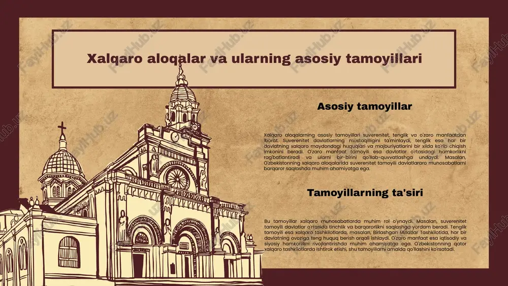 tlar natijasida, ta'lim sifati va aksessibilitisi sezilarli darajada oshdi. yana bir muhim jihat – o'zbekistonning mintaqaviy tashkilotlar va hamkorlikdagi faol ishtiroki. bu mamlakatning ijtimoiy-iqtisodiy rivojlanishiga ijobiy ta'sir ko'rsatadi. o'zbekistonning markaziy osiyo davlatlari bilan yuzaga kelgan iqtisodiy hamkorligi, savdo-sotiqni kuchaytirishga va mintaqaviy xavfsizlikni ta'minlashga yordam bermoqda. o'zbekistonning iqtisodiy o'sishga qo'shgan hissasi, shuningdek, mintaqada barqarorlik va xavfsizlikni ta'minlashga hamda xalqaro aloqalarni rivojlantirishga yordam beradi. mamlakatning global iqtisodiy tizimda o'z o'rnini mustahkamlash uchun amalga oshirilayotgan islohotlar, xususan, investitsiya muhitini yaxshilashga qaratilgan tadbirlar muhim ahamiyatga ega. o'zbekiston va xalqaro tashkilotlar o'zbekiston respublikasi xalqaro tashkilotlar bilan faol hamkorlik qilmoqda. bmt va shht kabi tashkilotlar orqali o'zbekiston o'zining siyosiy va iqtisodiy manfaatlarini himoya qilishga intilmoqda. bmt doirasida o'zbekiston tinchlik va xavfsizlikni ta'minlash, inson huquqlarini hurmat qilish va barqaror rivojlanish maqsadlariga erishish uchun faol ishtirok etmoqda. shht esa o'zbekistonning mintaqaviy xavfsizlik va iqtisodiy hamkorlikdagi rolini oshirishda muhim ahamiyatga ega. shuningdek, o'zbekiston xalqaro buxgalteriya tashkiloti bilan hamkorlikda moliyaviy …