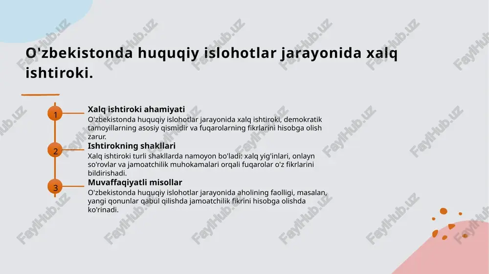 onunlar va xalq ishtiroki orqali demokratik jamiyatni barpo etish uchun muhim asoslar yaratmoqda. siyosiy islohotlar va demokratiya o'zbekistondagi siyosiy islohotlar, fuqarolik jamiyatining rivoji uchun zaruriy shartlar yaratib, demokratiya jarayonini kuchaytirmoqda. madaniyat va tarixiy kontekst o'zbekiston madaniyati va tarixiy konteksti huquqiy va siyosiy islohotlarning muvaffaqiyatli amalga oshirilishida muhim rol o'ynaydi. e'tiboringiz uchun rahmat! image1.jpg image2.jpg image3.jpg image4.jpg /docprops/thumbnail.jpeg