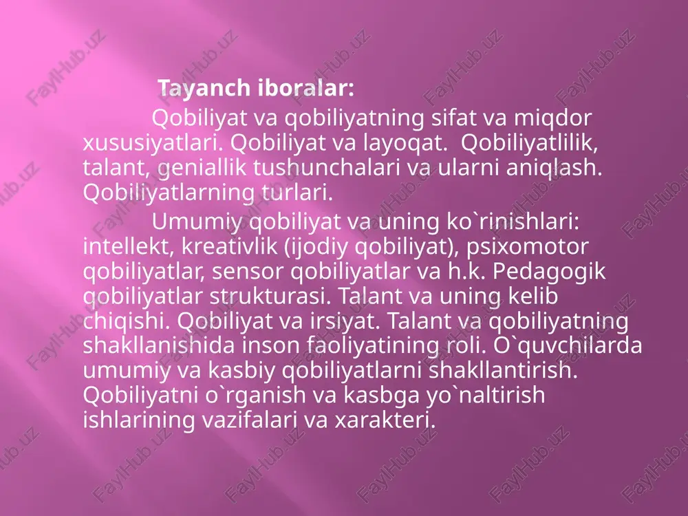 beradi. masalan, matematik, texnikaviy, adabiy, musiqiy, tasviriy va boshqa qobiliyatlar bo`ladi. umumiy qobiliyatlarga ko`p hollarda intellekt, tafakkurning kreativligi va shaxsning psixomotor qobiliyatlari kiradi deb hisoblaydilar. intellekt. yuqorida ko`rsatib o`tganimizdek odamning aqliy rivojlanish darajasini o`rganishga intilish "intellekt" tushunchasini va nazariyasininng yaratilishiga olib keldi. psixomotor qobiliyatlar psixomotor qobiliyatlar - harakatlar va harakatlar tizimini amalga oshirish va boshqarishning psixologik va motor (harakat) asoslari. ularga quyidagilar kiradi: statistik kuch; dinamik kuch; keskin harakatlardagi kuch; umumiy moslashuvchanlik qobiliyati; epchillik; umumiy chidamlilik; maxsus faoliyatga chidamlilik; muvozanatni tuta olish. biror faoliyatning ayniqsa muvaffaqiyatli, mustaqil va original tarzda bajarilishini taqozo qiladigan zo`r qobiliyatlar birikmasi talant deyiladi. ijodiy faoliyatga qobiliyatli bo`lgan kishilarni talantli kishilar jumlasiga kiritish mumkin. talantlilikning yuqori bosqichi geniallik deb ataladi. ijtimoiy hayotda, fan, adabiyot, san`at va shu kabi sohalarda printsipial ravishda yangi bo`lgan biror narsani yaratgan kishilar geniylar deb hisoblanadilar kreativlik (ijodiy qobiliyatlar). kreativlik (ijodiy qobiliyatlar). ko`rsatib o`tganimizdek birgina iq (intellekt koeffitsienti) asosida kishini ishga qabul …