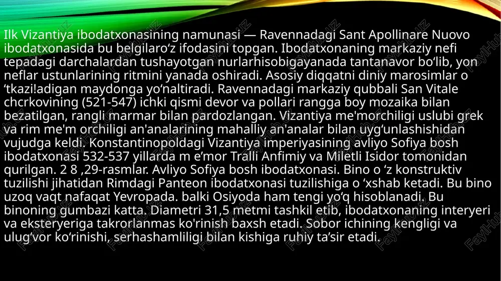 –337 yillar) avliyo sofiyaning birinchi versiyasi rim imperatori konstantin i tomonidan 325-yilda qurilishi boshlangan. ammo, bu ibodatxona 357-yilda yong'in tufayli nobud bo'ldi. shundan so'ng, imperator konstantin ii bu joyda yangi ibodatxona qurishga qaror qildi. 1.2. ikkinchi qurilish (360-yillar) ikkinchi ibodatxona 360-yilda yakunlangan bo'lsa-da, bu ham tez orada yong'in natijasida vayron bo'ldi. shundan so'ng, yangi qurilish ishlari boshlandi. 1.3. uchinchi qurilish (537-yil) avliyo sofiyaning hozirgi binosi vizantiya imperatori justinian i tomonidan qurilgan. qurilish ishlari 532-yilda boshlangan va 537-yilda yakunlangan. buning uchun istanbulning markazida joylashgan inshootning qurilishi uchun eng yaxshi me'morlar, masalan, antemiyus va isidoriusni jalb qilindi. bina qurilishi davomida keng miqyosdagi texnologiyalar va inshootlarni qurish usullari sinovdan o'tkazildi. avliyo sofiya — me'moriy va texnik jihatdan juda katta yangiliklar kiritilgan obida hisoblanadi. unda osmonning tasvirini yaratishda kutilmagan inshoot texnikalari ishlatildi, masalan, kavisli mozaikalar va yirik poydevor ustunlari. rivojlanish davri avliyo sofiya bir necha asrlar davomida bizans imperiyasining asosiy ibodatxonasi bo'lib xizmat qilgan. …