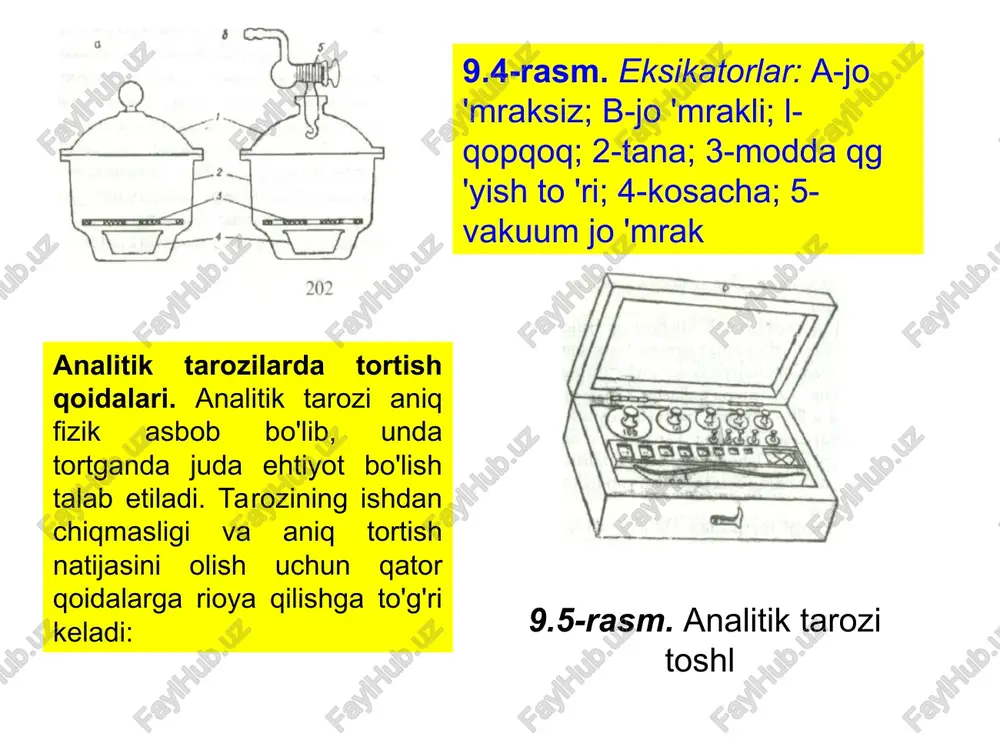 qopqog'i ochiq holda quritish shkafida 30-35 daqiqa davomida doimiy massagacha quritiladi (byuksning yon tomonidagi xira doirasiga grafit qalam bilan belgi-raqam qo'yilgan bo'lgani ma'qul). quritilgan byuksning qopqog'i yopilib, qisqich yordamida eksikatorga solinadi, so'ngra byuksning qopqog'i ochiladi va eksikator berkitilib, tarozi yonida 20-25 daqiqa saqlangan holda sovitiladi. sovigan byuksning qopqog'i yopilgandan so'ng tortish qoidalariga rioya qilib, analitik tarozida tortiladi. doimiy massagacha (ikki tortish orasidagi farq 0,0001 g bo'lguncha) quritilgan byuksga 1,25-1,50 g massali modda solinib, analitik tarozida aniq tortiladi. ichiga bariy xlorid kristallgidrati solingan byuks quritish shkafining o'rta tokchalaridan biriga qopqog'i ustiga yonboshlatib qo'yilgan holda joylashtiriladi. maksimal harorati 125 °c bo'lgan sharoitda modda 2 soat chamasi quritish shkafida quritiladi. shundan so'ng qisqich yordamida byuks qopqog'i bilan oldindan tayyorlab qo'yilgan eksikatorga solinadi va tarozixona haroratigacha sovitiladi. tarozixonada taxminan 20-25 daqiqa sovitilgan quruq moddali byuks qopqog'i yopilgan holda analitik tarozida tortiladi. moddaning kristallizatsiya suvini to'liq yo'qotganiga ishonch hosil qilish uchun byuksning qopqog'ini oldingiday ustiga …