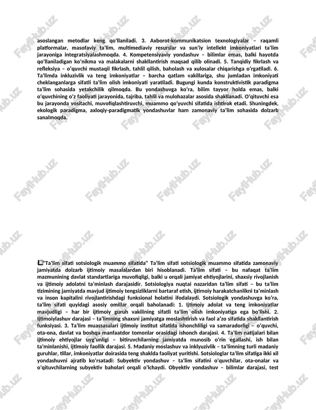 blari, tashkiliy shakllari va taʼlim muassasalarining faoliyatiga bevosita taʼsir ko‘rsatadi. avvalo, har bir jamiyatda mavjud bo‘lgan ijtimoiy qadriyatlar – masalan, mehnat, axloq, erkinlik, tenglik, milliy g‘urur va taraqqiyotga intilish – taʼlim tizimining maqsad va vazifalarini belgilaydi. jamiyatda hukm surayotgan madaniy muhit, ijtimoiy ong darajasi, diniy e’tiqodlar va urf-odatlar ham taʼlimga o‘z ta’sirini o‘tkazadi. masalan, individual yondashuv va kreativlikka yo‘naltirilgan madaniyatlarda taʼlim ham erkin fikrlashga, mustaqil qaror qabul qilishga urg‘u beradi. aksincha, konservativ jamiyatlarda esa taʼlim tizimi intizom, itoatkorlik va ijtimoiy rollarning an’anaviy taqsimotiga tayangan holda quriladi. zamonaviy fan rivojining asosiy belgilaridan biri sifatida uni ijtimoiy ehtiyojlar bilan chambarchas bogʻliq holda shakllanishi va rivojlanishini ko‘rish mumkin. bugungi kunda ilm-fan insoniyatning global muammolarini hal qilishda muhim vosita bo‘lib xizmat qilmoqda: ekologik muammolar, sog‘liqni saqlash, texnologik xavfsizlik, energetika va iqlim o‘zgarishi kabi masalalar fanni jamiyatning ajralmas qismi sifatida ko‘rsatmoqda. shu sababli, fan endi tor laboratoriyalarga yopishib qolmay, balki ommaviy madaniyat, taʼlim, texnologiyalar va …