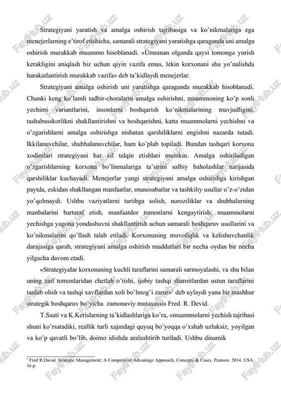 nejerlarning e’tirof etishicha, samarali strategiyani yaratishga qaraganda uni amalga oshirish murakkab muammo hisoblanadi. «umuman olganda qaysi tomonga yurish kerakligini aniqlash biz uchun qiyin vazifa emas, lekin korxonani shu yo’nalishda harakatlantirish murakkab vazifa» deb ta’kidlaydi menejerlar. strategiyani amalga oshirish uni yaratishga qaraganda murakkab hisoblanadi. chunki keng ko’lamli tadbir-choralarni amalga oshirishni, muammoning ko’p sonli yechimi variantlarini, insonlarni boshqarish ko’nikmalarining mavjudligini, tashabusskorlikni shakllantirishni va boshqarishni, katta muammolarni yechishni va o’zgarishlarni amalga oshirishga nisbatan qarshiliklarni engishni nazarda tutadi. ikkilanuvchilar, shubhalanuvchilar, ham ko’plab topiladi. bundan tashqari korxona xodimlari strategiyani har xil talqin etishlari mumkin. amalga oshiriladigan o’zgarishlarning korxona bo’linmalariga ta’sirini salbiy baholashlar natijasida qarshiliklar kuchayadi. menejerlar yangi strategiyani amalga oshirishga kirishgan paytda, eskidan shakllangan manfaatlar, munosabatlar va tashkiliy usullar o’z-o’zidan yo’qolmaydi. ushbu vaziyatlarni tartibga solish, noroziliklar va shubhalarning manbalarini bartaraf etish, manfaatdor tomonlarni kengaytirish, muammolarni yechishga yagona yondashuvni shakllantirish uchun samarali boshqaruv usullarini va ko’nikmalarini qo’llash talab etiladi. korxonaning muvofiqlik va kelishuvchanlik darajasiga qarab, strategiyani …