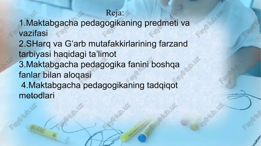 iroq sharoitlar yaratishda yordam beradi. maktabgacha pedagogika bola tarbiyasida uning yosh va psixologik xususiyatlarini hisobga olib boradi. shu bois, pedagogika uchun pedagogik psixologiyaning bola xususiyatlari, ularda o‘tadigan psixik jarayonlarning qonuniyatlari haqidagi ma'lumotlar muhimdir. shunga ko‘ra pedagogikaning psi xologiya fani bilan bog‘liqligi an'anaviy tus olgan. hozirgi zamon pedagogikasi ko‘p tarmoqli fan bo‘lib, avvalo, u tarbiya ijtimoiy hodisa ekanligi jihatidan pedagogika tarixi bilan bog‘lanadi. pedagogikaning boshqa fanlar bilan bog‘lanish tizimida etnografiya, xalq pedagogikasi alohida o‘rin tutadi. umumiy pedagogika guruhi - uzluksiz ta'lim jarayonining o‘ziga xosligini asoslab beruvchi oila pedagogikasi, maktabgacha pedagogika, maktab pedagogikasi, kasb-hunar talimi pedagogikasi, oliy ta'lim pedagogikasi, maxsus pedagogika kabi tarmoqlarga bo‘lingan. 4.maktabgacha pedagogikaning tadqiqot metodlari metod (lotincha-metodas-yo‘l so‘zidan) tadqiqot yo‘li, nazariya, ta'limot deb tarjima qilinadi. ilmiy tushuncha sifatida «metod» so‘zi keng ma'noda muayyan maqsadga erishish yo‘lini, tor ma'noda tabiat va ijtimoiy hayot hodisalari va qonuniyatlarini bilish maqsadida qandaydir vazifani hal etish usulini bildiradi. obyektiv dunyoni bilish, nazariyada nimani o‘rganish …