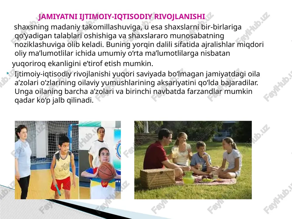 o‘z farzandlarini voyaga yetgunlariga qadar boqish va tarbiyalashga majburdirlar. davlat va jamiyat yetim bolalarni boqish, tarbiyalashva o‘qitishni ta’minlaydi, bolalarga bag‘ishlangan xayriya faoliyatlarini rag‘batlantiradi. farzandlar ota-onalarning nasl-nasabidan va fuqarolik holatidan qat’i nazar, qonun oldida tengdirlar. onalik va bolalik davlat tomonidan muhofaza qilinadi. voyaga yetgan, mehnatga layoqatli farzandlar o‘z ota-onalari haqida g‘amxo‘rlik qilishga majburdirlar. 63-modda 64-modda 65-modda 66-modda oila va uning jamiyat hayotidagi o‘rni beqiyos bo‘lib, konstitutsiyaning 14-bobi maxsus oilaga bag‘ishlangan. 17 nima sababdan biz ko‘proq oila va unda yuz beradigan munosabatlarga e’tiborli bo‘lamiz, nima sababdan oila maskanida o‘zimizni yaxshi, baxtli his etsak, ishimiz ham yurishgandek, omadimiz chopgandek bo‘ladi? chunki oila bizning hayotimizdagi eng aziz va muqaddas dargoh! faqat oilagina insonning baxtli bo‘la olishi, o‘zini kimlargadir kerakli his eta olishi yoki bo‘lmasa o‘zini ezilgan, omadsiz sezishiga sababchi bo‘lishi mumkin. oilaning nufuzi jamiyat taraqqiyotining kutilgan darajaga chiqa olmasligi, uning taraqqiyotiga to‘sqinlik qiluvchi, uning inqiroziga olib keluvchi kuchlarning yuzaga kelishida ham oilaning hissasi kattadir. …