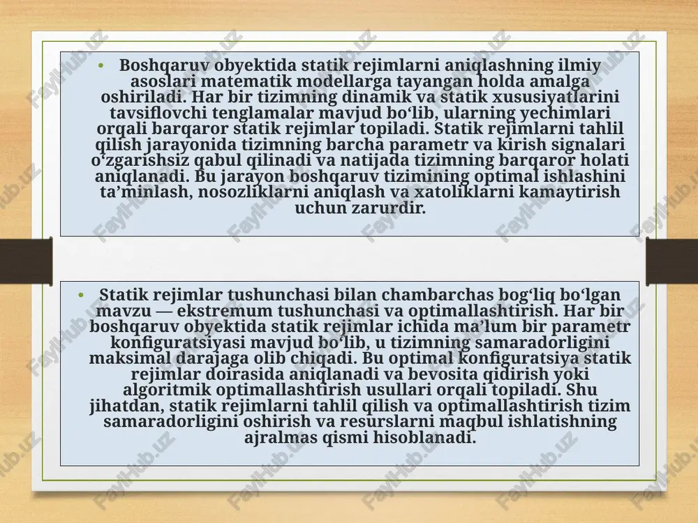 iklarga duch keladi, chunki ko‘p hollarda maqsadli funksiya chiziqli bo‘lmagan, noaniq va ko‘p parametrli bo‘ladi. bunday hollarda klassik differensial metodlar yetarli bo‘lmaydi va bevosita qidirish, gradient asosidagi, genetik algoritmlar yoki sun’iy intellekt metodlari qo‘llaniladi. bevosita qidirish usullari parametrlar fazosida iteratsion izlash orqali optimal nuqtani aniqlashga xizmat qiladi, bu esa murakkab tizimlarda ekstremumni topishning samarali vositasi hisoblanadi. optimallashtirish nazariyasining asosiy tushunchalaridan biri — maqsadli funksiya va cheklovlar tizimidir. maqsadli funksiya tizimning samaradorligini ifodalaydi, cheklovlar esa tizimning texnik, iqtisodiy yoki boshqa xususiyatlari bilan bog‘liq shartlarni belgilaydi. cheklovlar bo‘lmasa, tizimning ekstremum nuqtasi erkin aniqlanishi mumkin, ammo amaliy tizimlarda doimo cheklovlar mavjud bo‘ladi, masalan, resurslar, energiya, vaqt yoki texnik imkoniyatlar. shu sababli, optimallashtirish nazariyasi maqsadli funksiya va cheklovlar orasidagi muvozanatni topishga qaratilgan. ekstremum tushunchasi boshqaruv tizimlarida ham muhim rol o‘ynaydi. har bir boshqaruv obyektida optimal ish rejimi mavjud bo‘lib, u tizimning maksimal samaradorligini yoki minimal xarajatlarni ta’minlaydi. masalan, sanoat ishlab chiqarish tizimida energiya sarfini …