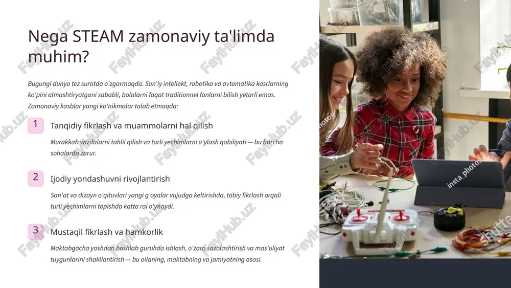 3,3 barobar ko‘paydi. (uzdaily.uz) pedagogik xodimlar soni va bolalarga nisbati maktabgacha ta’limdagi pedagog xodimlar soni ~175,000 ta; har bir tarbiyachi ~13,4 nafar bola bilan ishlaydi. (uzdaily.uz) bosqichma-bosqich steam / yangi pedagogik metodlarni joriy etish 2018-2021 yillarda "umumiy o‘rta ta’limning yangi davlat ta’lim standartlari va o‘quv dasturlarini takomillashtirish" chora-tadbirlar dasturi doirasida steam metodlari bosqichma-bosqich amaliyotga joriy etilishi belgilandi. (oefen.uz) o‘rta ta’lim muassasalari soni 2018-2019 yillarda umumta’lim maktablari soni ~9,774; 2023-2024-yillarda esa ~10,750 ta maktab. (tashkent times) maktablarda kompyuter sinflari va kompyuterlar soni 2019-yilda ~10,090 maktabdan ~9,685 tasi kompyuter sinfiga ega bo‘lgan. umumiy kompyuterlar soni taxminan 184.9 ming dona. (uzdaily.uz) yangi maktablar qurilishi / modernizatsiyasi 2025-2029-yillarda 58 ta zamonaviy maktab qurish rejalashtirilgan, 72,000 dan ortiq o‘quvchi uchun joy yaratilishi ko‘zda tutilgan. (kun.uz) steam ta'limining asosiy afzalliklari steam yondashuvi faqat bilim berish emas, balki bolalarning xulq-atvori, fikrlash usuli va jamiyat bilan munosabatini o'zgartirir: real hayot muammolarini hal qilish steam ta'limi kitobdagi nazariy masalalardan …