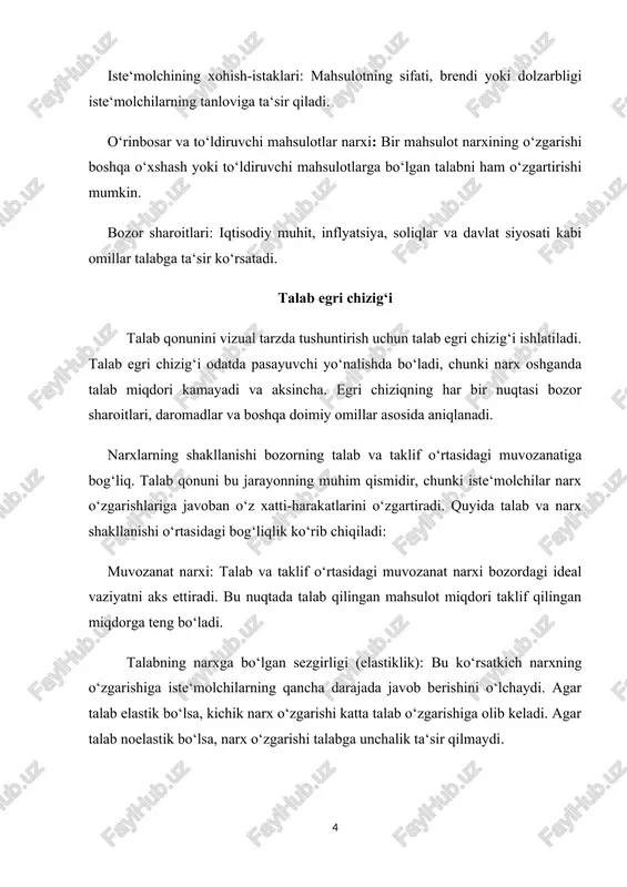 ning samarali ishlashida muhim rol o‘ynaydi. narx iste‘molchilar, ishlab chiqaruvchilar va boshqa bozor ishtirokchilarining qarorlariga ta‘sir qiladi. narx faqat mahsulot yoki xizmatning qiymatini belgilabgina qolmay, balki talab va taklifning o‘zaro ta‘siri, bozor sharoitlari va iqtisodiy siyosat natijasi sifatida shakllanadi. narx tushunchasi narx – bu tovar yoki xizmat uchun iste‘molchi tomonidan to‘lanadigan miqdor yoki qiymatdir. u iqtisodiy kategoriyalardan biri sifatida iqtisodiy resurslarning taqsimlanishini boshqaradi va iste‘molchilar bilan ishlab chiqaruvchilar o‘rtasida vositachilik vazifasini bajaradi. narx, odatda, pul shaklida ifodalanadi va u tovarlar va xizmatlarning qiymatlarini o‘lchashning universal vositasi hisoblanadi. narx quyidagi xususiyatlarga ega: baholash vositasi: narx tovar yoki xizmatning qiymatini aniqlash imkonini beradi. talab va taklifni muvofiqlashtirish: bozor mexanizmlarida narx talab va taklif o‘rtasidagi muvozanatni belgilaydi. axborot manbai: narx iste‘molchilar va ishlab chiqaruvchilarga iqtisodiy qarorlar qabul qilish uchun axborot beradi. resurslarni taqsimlash: narx orqali iqtisodiy resurslar samarali taqsimlanadi va bozor ishtirokchilari o‘rtasida harakatlanadi. narxning shakllanish omillari narx shakllanishiga bir nechta omillar ta‘sir …