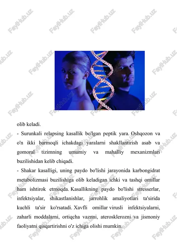 onlar (mas, yalligʻlanish)ning rivojlanishi p.ning umumiy qonuniyatlaridir. nospetsifik javob reaksiyalari va tipik patologik jarayonlar umumiy p .ning mazmunini tashkil etadi. kasalliklarning rivojlanishida shika-stlanishdan sodir boʻladigan turli re-aksiyalarning murakkab kompleksi ku-zatilib, ular turning yashashi uchun foydali boʻlishi, individiumga nis-batan esa (rivojlanish darajasi, davom etish muddati va boshqa omillarga qarab) ham foydali, ham zararli boʻlishi mumkin. mas, gavda temperaturasi koʻtarilishi infeksiyaga karshi kurashishga koʻmaklashadi, ammo temperaturaning xaddan tashqari (40° dan yuqori) koʻtarilishining oʻzi hayot uchun xavfli oqibatlarga (arterial qon bosimining pasayib ke-tishi va boshqalar) olib kelishi mumkin. ayrim kasalliklarda p. qonuniyatlarini, yaʼni organizm toʻqimalari, aʼzolari va sistemalarining tipik ("standart") morfologik, biokimyoviy va fiziologik oʻzgarish krnuniyatlarini hamda ularga xos klinik koʻrinishlarni (isitma turi, qondagi oʻzgarishlar va h.k.) bilish kasallikni aniqlash, prognozlash va patogenetik davolash (yaʼni asosiy patologik jarayonni va patogenetik omillarni bartaraf qilishga qaratilgan davolash)ning asosiy negizidir. mas, irsiy nuqsonlar tufayli organizmda insulinnnng yetarli darajada hosil boʻlmasligi bolada qandli diabeshning vujudga kelishiga sabab …