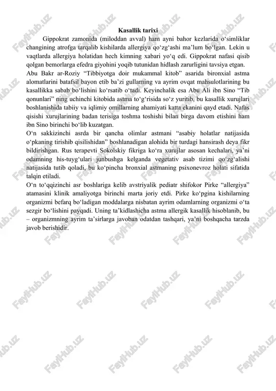 n ba’zi bolalarga yuqorida ta’kidlangan mahsulotlar berilsa, ularning badaniga toshma toshishidan boshlab to bronxial astma xurujigacha olib boradigan allergik kasallik belgilari paydo bo‘lishi mumkin. ko‘krak qafasi qisiladi nafas qisish bronxial astmaning asosiy klinik belgisi hisoblanadi. ba’zi bir allergenlarning ta’siri, yallig‘lanish kasalliklarining qaytalanishi, asabiy-ruhiy zo‘riqish holatlari xuruj avj olishiga turtki beradi. kasallikning xurujlari to‘rt bosqichda kechadi. birinchi bosqichda xurujdan bir necha daqiqa yoki bir necha soat oldin bemorni yo‘tal tutadi, tomog‘i, ko‘zlari, teri yoki quloq suprasi qichishadi. bemorda peshob ajralishi kuchayadi. bu bronxial astma xurujining ilk darakchi belgisi. ikkinchi bosqich bo‘g‘ilishlar bilan kechadi. xuruj vaqtida nafas yo‘llaridagi mayda bronxlar torayadi, ularning shilliq qavati shishib bronx naychasida shilimshiq modda ajraladi. bemorning ko‘krak qafasi siqiladi, u to‘liq nafas chiqara olmaydi. ko‘pincha nafas chiqarish hushtaksimon xirillashlar bilan kechadi. bemorning yuzi ko‘pchiydi, ko‘karadi, bo‘yin venalari shishadi. aynan shu bosqichda bemorni vaqti-vaqti bilan qiynoqli yo‘tal tutadi, u balg‘am tashlaydi. balg‘am quyuq, yopishqoq, ba’zan ko‘pikli bo‘ladi. xurujlar …