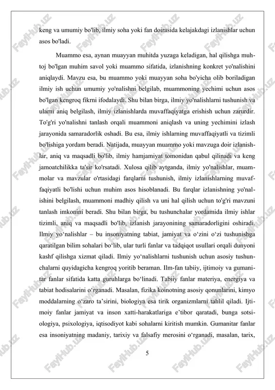 oimiy ravishda rivojlanib boradi. har bir yangi kashfiyot yangi savollar tug‘diradi va bu jarayon cheksizdir. shu bilan birga, ilmiy tadqiqotlarda axloqiy masalalar ham muhim o‘rin tutadi. masalan, genetik manipulyatsiyalar yoki sun’iy intellektni ishlatishda inson huquqlari va xavfsizlik masalalariga e’tibor berish zarur. ii. muammolar va mavzular o'rtasidagi farqlarni aniqlash ilmiy sohada muammo va mavzular o‘rtasidagi farqlarni tushunish juda muhim bo‘lib, ular izlanishlarning muvaffaqiyati va aniq yo‘nalishini belgilashda asosiy rol o‘ynaydi. bu farqlarni to‘g‘ri anglash uchun avvalo ularning har birining mohiyatini va funksiyasini aniqlash lozim. ilmiy yo‘nalishlar keng va umumiy sohalardir. ular ilm-fan yoki texnologiyalar doirasida turli yo‘nalishlarni ifodalaydi, masalan, fizika, biologiya, kimyo yoki matematika. bu yo‘nalishlar odatda keng qamrovli bo‘lib, ular biror umumiy bilimlar to‘plamini, metodologiyalarni va tadqiqot yo‘nalishlarini o‘z ichiga oladi. masalan, biologiya yo‘nalishi, uning ichida genetika, ekologiya yoki botanikani o‘z ichiga oladi. bu yo‘nalishlar bo‘yicha olib boriladigan izlanishlar keng muhitda amalga oshiriladi va ko‘pincha ularning asosiy vazifasi ilmiy bilimlarni …