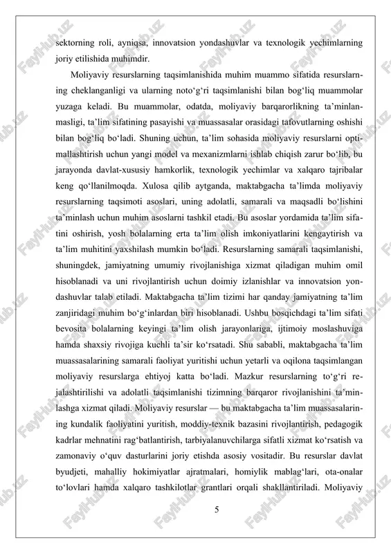 ish haqi, texnik xodimlar mehnatiga haq to‘lash mezonlari, oziq-ovqat, dori-darmon, o‘quv-uslubiy materiallar va boshqa sarf-xarajatlar belgilab beriladi. ayniqsa, oxirgi yillarda ushbu tizimni raqamlashtirish orqali moliyaviy jarayonlarni avtomatlashtirish, hisobotlarni onlayn ko‘rinishda yuritish va tahlil qilish imkoniyatlari kengaymoqda. bu esa mablag‘larning samarali va maqsadli sarflanishiga xizmat qilmoqda. bundan tashqari, xususiy sektor ishtirokini rag‘batlantirish orqali davlat-xususiy sheriklik asosida qo‘shimcha moliyaviy manbalarni jalb qilish yo‘lga qo‘yilmoqda. bu yondashuv maktabgacha ta’lim sohasida raqobatni kuchaytiradi, xizmatlar sifatini oshiradi va investitsion jozibadorlikni ta’minlaydi. ota-onalarning ixtiyoriy badallari yoki xususiy bog‘chalarning to‘lovlari ham, albatta, qat’iy nazorat ostida bo‘lishi, bolalarning konstitutsiyaviy huquqlariga zid bo‘lmasligi kerak. ii. moliyaviy qo‘llab-quvvatlash mexanizmlari va innovatsiyalar moliyaviy qo‘llab-quvvatlash mexanizmlari va innovatsiyalar maktabgacha ta’limni rivojlantirishdagi muhim omillardan biridir. bu mexanizmlar ta’lim muassasalarining barqarorligini ta’minlash, sifatli ta’lim xizmatlarini ko‘rsatish va keng qamrovli ta’lim muhitini yaratishda katta ahamiyatga ega. hozirgi zamonda, moliyaviy qo‘llab-quvvatlashning yangi va innovatsion usullari, jumladan davlat-xususiy hamkorlik, texnologik yechimlar va xalqaro tajribalar keng qo‘llanilmoqda. bu …