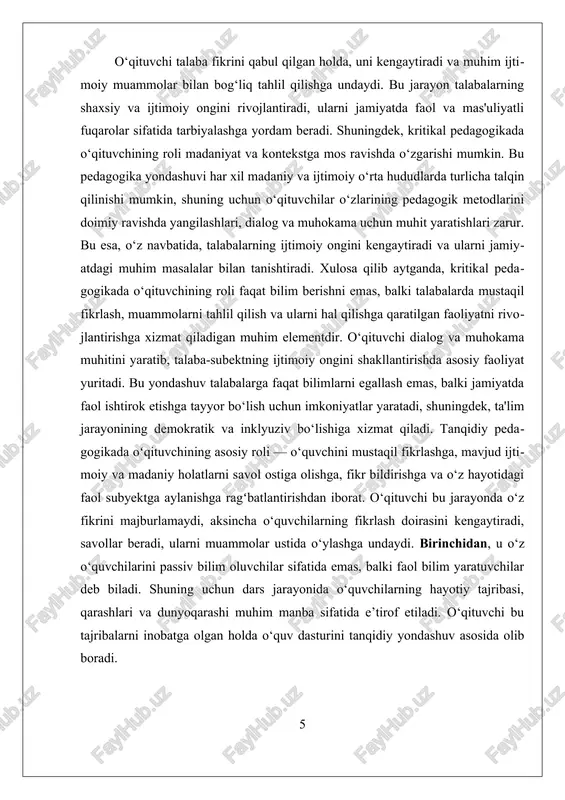 muhitni shakllantirishda muhim vositachidir. u bahs-munozaralar orqali o‘quvchilarning fikrlarini rivojlantiradi, ko‘plab nuqtai nazarlarni muhokama qiladi va o‘rgatadi. oltinchidan, tanqidiy pedagogika o‘qituvchidan ijtimoiy mas’uliyatni talab qiladi. u faqat dars beruvchi emas, balki jamiyatdagi ijtimoiy o‘zgarishlarni anglaydigan, o‘quvchilarni ham bu jarayonga jalb etadigan yetakchidir. u o‘z darslari orqali o‘quvchini ijtimoiy ongli, adolatparvar va faol fuqaroga aylantirishni maqsad qiladi. ii. oʻquvchi-subekt pozitsiyasining nazariy va amaliy aspektlari oʻquvchi-subekt pozitsiyasining nazariy va amaliy aspektlarini tushunish uchun avvalo uning ta'lim jarayonidagi asosiy ma'nosini aniqlash muhimdir. bu pozitsiya, asosan, talabaning faqat ma'lumot oluvchi sifatida emas, balki faol ishtirokchi, fikr yurituvchi va muammolarni hal qiluvchi subyekt sifatida qabul qilinishini anglatadi. bu nuqtai nazar, kritik pedagogika paradigmasida, ayniqsa paulo freire ta'lim modeli asosida, muhim o'rin tutadi. freirega ko'ra, o'quvchi-subekt sifatida, o'zining bilish va fikrlash jarayonlarida muhim rol o'ynaydi, u nafaqat bilimlarni qabul qiluvchi, balki ularni tahlil qiluvchi va o'zgartirishga qodir bo'lgan shaxs sifatida ko'riladi. nazariy nuqtai nazardan, o'quvchi-subekt pozitsiyasi …