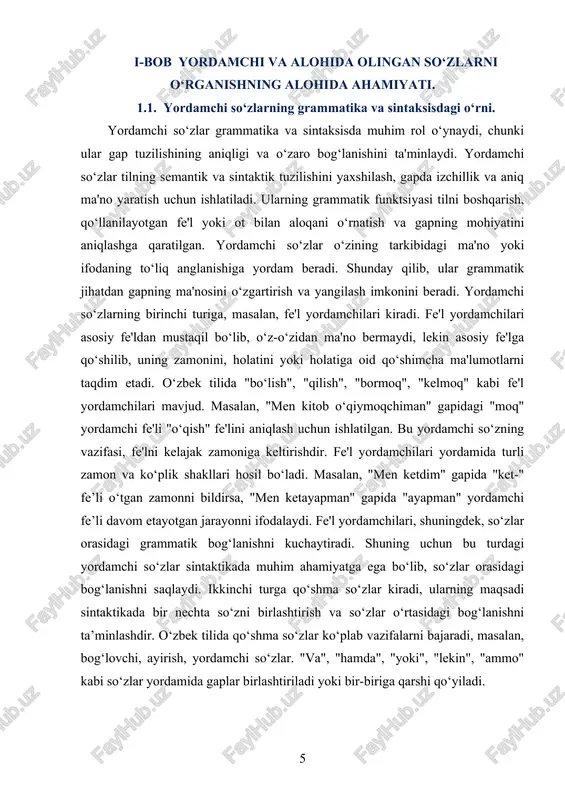 no va vazifasini ta’minlaydi. yordamchi so‘zlar, shuningdek, turli xil grammatik qoidalarga rioya qilishni ta’minlaydi, bu esa tilning to‘g‘ri ishlashini va samarali ifodalashni kafolatlaydi. shuning uchun yordamchi so‘zlar grammatika va sintaksisda tilning mazmunini ochib berish va izchil bayon qilishda muhim vositadir. yordamchi so‘zlar grammatika o‘rni sintaksisdagi o‘rni bilan bog‘lovchi so‘z sifatida ishlatiladi ikki yoki undan ortiq so‘z yoki gapni bog‘lashda ishlatiladi emas no‘sak ko‘makchisi, inkor ko‘makchisi inkor qilish uchun ishlatiladi ham qo‘shish ko‘makchisi qo‘shish ma’nosini bildiradi, so‘z yoki gaplarni birlashtiradi bor fe’l ko‘makchisi (yordamchi fe’l) fe’lni qo‘llashda yordam beradi, zamon yoki holatni bildiradi uchun prepozitsiya, maqsad ko‘rsatkichi maqsadni yoki sababni bildiradi bormi fe’lni so‘roq shaklida qo‘llashda yordamchi so‘z so‘roq maqsadida ishlatiladi yordamchi so‘zlar, grammatika va sintaksisda muhim o‘rin tutadigan so‘zlardir, chunki ular so‘zlar o‘rtasidagi grammatik aloqalarni, gapning ma'no va tuzilishini shakllantiradi. yordamchi so‘zlar, odatda, o‘zi mustaqil ma'no bermaydi, lekin asosiy so‘zlar yoki fe’l bilan birga ishlatilganda, ularning ma'nosini aniqlashda yordam beradi. …