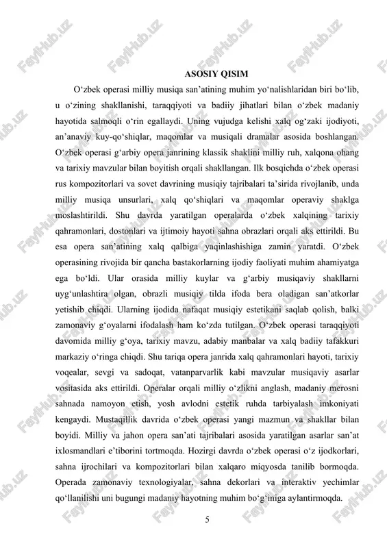 ma-bosqich taraqqiy etib, avval sovet mafkurasi bilan bog‘liq asarlardan boshlab, keyinchalik mustaqil tarixiy shaxslar hayoti, milliy qadriyatlar va zamonaviy mavzularni yoritishga o‘tdi. har bir davr o‘zining ijtimoiy, siyosiy va madaniy talablari asosida opera asarlarida o‘z aksini topdi. shu tariqa opera san’ati o‘zbek musiqa madaniyatida mustahkam o‘rin egalladi. o‘zbek operasining shakllanishida bastakorlar bilan bir qatorda libretto mualliflari, sahna rejissyorlari, opera xonandalari, dirijyorlar va dekoratsiya ustalari ham katta hissa qo‘shgan. ularning birgalikdagi ijodiy mehnati natijasida milliy opera maktabi shakllandi, yirik opera sahnalari faoliyat olib bordi, yangi spektakllar sahnalashtirildi va opera tomoshalari orqali keng ommaga taqdim etildi. bugungi kunda o‘zbek operasi yangi avlod kompozitorlari ijodida davom etmoqda. ular zamonaviy musiqa texnikasi va kompozitsiya usullarini milliy ruh bilan uyg‘unlashtirishga harakat qilmoqdalar. i-bob o‘zbek operasining yaratilish tarixi, davrlari va kompozitorlar ijodi 1.1. o‘zbek operasining shakllanish bosqichlari. o‘zbek operasi rivojlanishi tarixida bir nechta muhim bosqichlarni ajratish mumkin. har bir bosqichda opera san’atining milliy shakllanishi, g‘oyaviy-mavzuviy yo‘nalishlari …