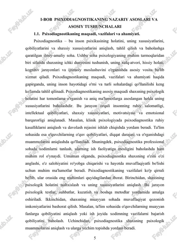 ahamiyatga ega. ruhiy kasalliklarning erta tashxislanishi va davolanishi jiddiy oqibatlarni oldini olishga yordam beradi. uchinchidan, psixodiagnostika jamiyatdagi ijtimoiy muammolarni hal qilishda muhim vosita sifatida ishlatiladi. masalan, bolalar va o'smirlar orasida zo'ravonlik yoki ijtimoiy moslashuv muammolarini aniqlashda psixodiagnostika usullari qo'llaniladi. to'rtinchidan, psixodiagnostika professional sohada xodimlarning ish samaradorligini oshirishda yordam beradi. to'g'ri odamni to'g'ri lavozimga tanlash orqali tashkilotlar samaraliroq faoliyat yurita oladi. psixodiagnostikaning muhim jihatlaridan biri uning ilmiy asoslanganligidadir. u psixologik testlar, standartlashtirilgan metodikalar va statistik tahlilga asoslanadi. bu esa natijalarning ishonchliligi va aniqligini ta'minlaydi. masalan, iq testlari, shaxsiyat testlari (masalan, mbti yoki big five) va emotsional holatni baholash testlari keng qo'llaniladi. shu bilan birga, psixodiagnostika faqat testlarga tayanib qolmaydi. psixologning tajribasi, kuzatish qobiliyati va suhbat o'tkazish mahorati ham muhim ahamiyatga ega. bu jarayonda psixologning professional malakasi va axloqiy me'yorlarga rioya qilishi muhimdir, chunki noto'g'ri tashxis yoki noto'g'ri talqin jiddiy oqibatlarga olib kelishi mumkin. psixodiagnostika nafaqat shaxs uchun, balki jamiyat uchun ham …