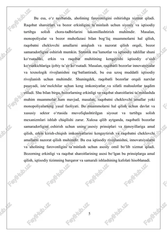 masini rivojlantirish va raqobatni kengaytirish uchun yondashuvlar mavjud. bu yondashuvlar orasida monopoliyalardan qutulish, raqobatni cheklovchi amallarni aniqlash va ularni bartaraf etish, shuningdek, bozorlarni erkinlashtirish uchun iqtisodiy yoki huquqiy mexanizmlarni joriy etish kiradi. misol uchun, davlat tomonidan tartibga solish va nazorat qilish organlari orqali raqobatni ta'minlash, monopoliyaga qarshi qonunlarni kuchaytirish va bozorlarning raqobat muhiti uchun qulay sharoitlar yaratish mumkin. bundan tashqari, bozorlarning samaradorligini oshirishda iqtisodiy siyosat va tartibga solish muhim o‘rin tutadi. bu jarayonda davlat faoliyatining asosiy maqsadi – raqobat muhitini yaratish va uni saqlash, shuningdek, bozorga kirishni kengaytirish bo‘lishi mumkin. bu esa, o‘z navbatida, yangi tadbirkorlarning bozorga kirishini yengillashtiradi, kichik va o‘rta biznes sub’ektlarining rivojlanishiga imkon yaratadi. xulosa qilib aytganda, raqobatli bozorlarning samaradorligini oshirish uchun bir nechta muhim usullar mavjud. ularning asosiylari erkin bozor sharoitlarini yaratish, innovatsiyalarni rivojlantirish, bozor infratuzilmasini takomillashtirish va tartibga solish mexanizmlarini joriy etishdir. bu usullar orqali bozorlar samarali ishlaydi, iqtisodiy o‘sish uchun zamin yaratadi va iste’molchilarga …