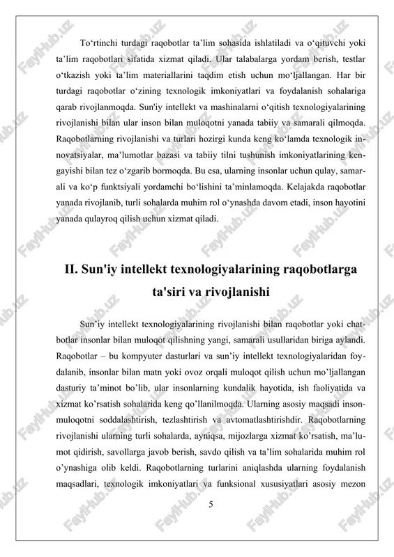 ’qituvchi raqobotlar. ular talabalarga yordam berish, testlar o‘tkazish va ta’lim materiallarini taqdim etish uchun ishlab chiqilgan. bu raqobotlar ta’lim jarayonini interaktiv va qiziqarli qilishga yordam beradi, shuningdek, shaxsiy o’qitish va tayyorlov mashg’ulotlarini tashkil etadi. shu bilan birga, raqobotlarning texnologik imkoniyatlarining kengayishi bilan ularning rivojlanishi davom etmoqda. sun’iy intellekt va mashinalarni o’qitish texnologiyalarining rivojlanishi bilan raqobotlar inson bilan muloqotni yanada tabiiy va samarali qilish uchun harakat qilmoqda. ularning turlari va funksiyalari vaqt o’tishi bilan kengayib borayotgan va yangi sohalarga moslashtirilayotgan bo’lib, kelajakda ular yanada rivojlanib, insonlarning kundalik va ish muhitlarida muhim rol o’ynashda davom etadi. iii. raqobotlar bilan inson-muloqotni soddalashtirish va amaliy foydalanish inson-muloqotni soddalashtirish va zamonaviy texnologiyalar yordamida kundalik hayotda qulaylik yaratish maqsadida raqobotlar yoki chatbotlar keng qo‘llanilmoqda. raqobotlar inson bilan matn yoki ovoz orqali muloqot qilish uchun mo‘ljallangan dasturiy ta’minot bo‘lib, ular sun’iy intellekt va kompyuter texnologiyalaridan foydalanadi. bu texnologiyalar yordamida raqobotlar insonlarning turli ehtiyojlariga javob berib, ularning ish …