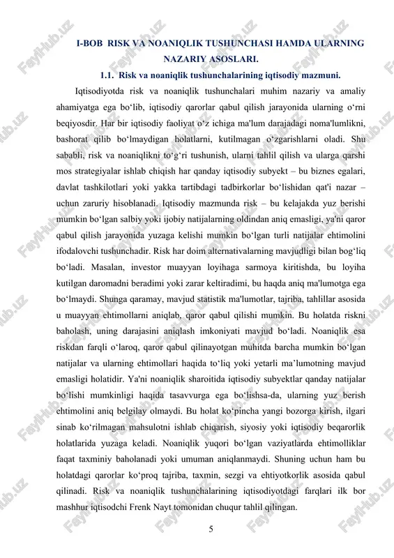 daromadni oshiradimi – bu savollar risk va noaniqlikning mavjudligidan dalolat beradi. yoki eksport-import faoliyatida mamlakatlar o‘rtasidagi siyosiy munosabatlar, valyuta kurslarining o‘zgarishi, bojxona tartiblaridagi o‘zgarishlar ham noaniqlik manbai bo‘lishi mumkin. bozor iqtisodiyoti sharoitida riskni boshqarish, uning salbiy ta’sirlarini kamaytirish va noaniqlikni tahlil qilish – iqtisodiy barqarorlikka erishish yo‘lida muhim ahamiyat kasb etadi. xususan, bank tizimi, sug‘urta sohasi, investitsion faoliyat, xalqaro savdo va boshqa iqtisodiy sohalarda risk va noaniqlikni boshqarish usullari alohida ilmiy-amaliy yo‘nalish sifatida shakllangan. ular orqali iqtisodiy faoliyatdagi ehtimollar, noma’lumliklar va xavf-xatarlar tahlil qilinadi, boshqariladi va zaruriy choralar ko‘riladi. iqtisodiy subyektlar muvaffaqiyatga erishish uchun risk va noaniqlikni to‘g‘ri baholashi, unga mos harakat strategiyasini ishlab chiqishi kerak. bu esa o‘z navbatida raqobatbardoshlikni ta’minlaydi, iqtisodiy samaradorlikni oshiradi va barqaror rivojlanish uchun asos bo‘lib xizmat qiladi. risk va noaniqlik tushunchalari iqtisodiy jarayonlarda faqat nazariy emas, balki real amaliy muammolar bilan chambarchas bog‘liqdir. bozor iqtisodiyoti sharoitida har bir qaror ma’lum bir darajada noma’lumlikni o‘z …