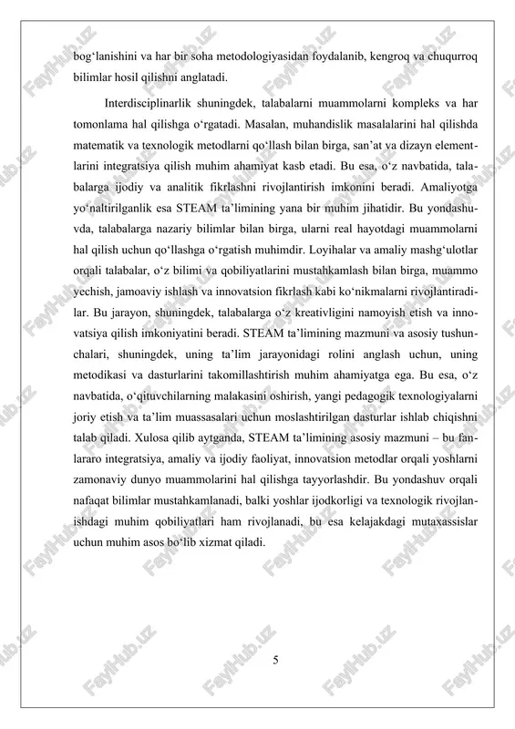 arning ijodkorligini oshirishda muhim rol o‘ynaydi. innovatsiyalar, shuningdek, o‘qituvchilarning malakasini oshirish va yangi metodikalarni joriy etish orqali ta’lim sifatini yaxshilash imkonini beradi. amaliyotga o'tish jarayonida, nazariy bilimlar nafaqat sinfda, balki haqiqiy hayotdagi muammolarni hal qilishda ham qo‘llaniladi. bu uchun, loyiha asosidagi ta’lim va amaliy mashg‘ulotlar muhim ahamiyatga ega. masalan, ekologiya muammolarini hal qilish uchun o‘quvchilar ekologik loyihalar ishlab chiqadilar, yoki texnologik muammolarni hal qilish uchun real mahsulotlar va prototiplar yaratadilar. bu yondashuv, yoshlarni nafaqat bilim bilan ta’minlash, balki ularni innovatsion fikrlash va muammoni hal qilishda faol ishtirok etishga o‘rgatadi. bu jarayon, shuningdek, o‘qituvchilar va talaba o‘rtasidagi hamkorlikni kuchaytiradi va ta’lim muhitini dinamik va ijodiy qiladi. steam ta’limining innovatsion metodlari, loyiha va muammo yechimlariga asoslangan ta’lim, hamda ko‘rgazmali va interaktiv texnologiyalar bilan boyitilgan bo‘lib, ular talabalarni faqat bilim bilan ta’minlamay, balki ularni zamonaviy muhitda faol fikrlashga va muammolarni ijodiy hal qilishga tayyorlaydi. bu yondashuvda, nazariy va amaliy bilimlar uzviy bog‘langan bo‘lib, …
