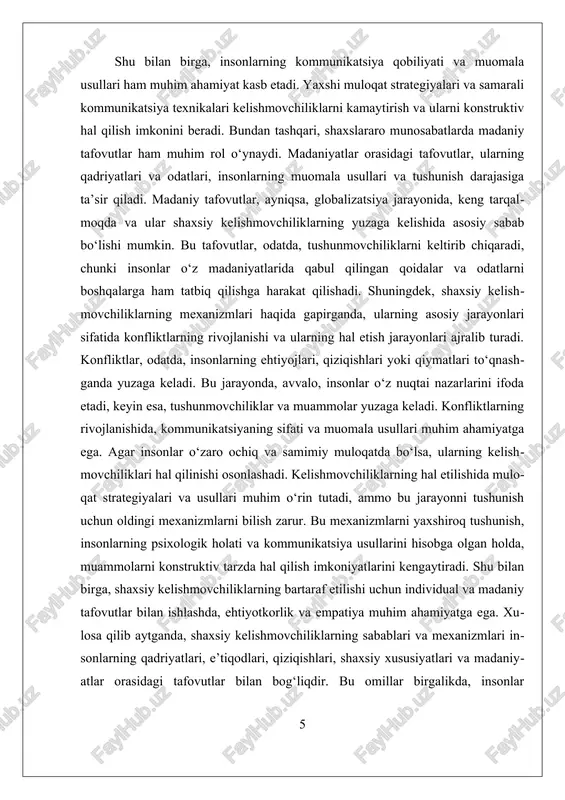 bu jarayon shaxsiy raqobatni kuchaytirib, mojaroga zamin yaratadi. uchinchi sabab — noto‘g‘ri muloqot. o‘z fikrini to‘liq tushuntira olmaslik, so‘zlarni noto‘g‘ri tanlash, bir-birini tinglamaslik yoki gaplarni noto‘g‘ri talqin qilish kelishmovchiliklarga olib keladi. masalan, kimdir hazilni jiddiy qabul qilishi yoki tanqidni haqorat sifatida tushunishi mumkin. shu sababli muloqot madaniyatining yetishmasligi shaxsiy kelishmovchiliklarning eng keng tarqalgan sabablaridan biri hisoblanadi. to‘rtinchi sabab — xarakter va temperament farqlari. ba’zi odamlar sabrli va sokin bo‘lsa, boshqalar tez jahldor yoki keskin bo‘lishi mumkin. biror vaziyatda bu farqlar o‘zini ko‘rsatib, qarama-qarshilikni yuzaga keltiradi. masalan, faol va tashabbuskor inson passiv hamkasbini erinchoqlikda ayblashi, passiv odam esa faol hamkasbini zo‘ravon yoki haddan oshgan deb hisoblashi mumkin. ii. kelishmovchiliklarni hal qilish uchun muloqat strategiyalari va usullari kelishmovchiliklarni hal qilish uchun muloqat strategiyalari va usullari shaxsiy munosabatlarda yuzaga keladigan nizolarni yengillashtirish va konstruktiv yechimlar topishda muhim rol o’ynaydi. bu jarayon insonlarning o’zaro muloqot qilish usullari, psixologik holati va ijtimoiy muhitga bog’liq bo’lib, …