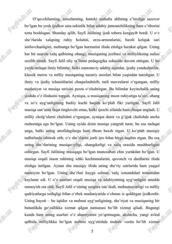 ar bir satrni yurakdan yozgan, har bir kuyni yurakdan tinglagan va ifoda etgan. uning she’riyatida sezilarli darajada musiqaviy ohang borligi, kuylanishga yaroqli satrlar bitgani uning musiqiy didining naqadar nozik bo‘lganidan dalolat beradi. sayfi jalil o‘z asarlarida milliylikni ustuvor qo‘ygan. u xalq hayoti, odat-an’analar, mehnat odamlari, zaminning barakasi va ona yurtning go‘zalligini ilhom manbai deb bilgan. uning har bir satrida yurakka yaqinlik, soddalik, samimiylik va chin yurakdan yozilgan tuyg‘ular mavjud. ayniqsa, musiqa bilan bog‘liq ijodlarida u xalq kuylarini, an’anaviy ashulalarni o‘ziga xos badiiy ifodalar bilan uyg‘unlashtirgan. bunda uning o‘zi ham musiqa asboblarini chalganligi, xalq qo‘shiqlarini to‘plaganligi va ulardan ilhomlanganligi seziladi. u musiqani faqat san’at turi sifatida emas, balki tarbiya vositasi sifatida ham qadrlagan. uningcha, musiqa inson ruhini poklaydi, uni mehrga, saxovatga, sabr-toqatga o‘rgatadi. shuning uchun u yosh avlodga har doim musiqani sevishni, o‘rganishni va qadrlashni targ‘ib qilgan. sayfi jalil o‘zbek xalqining boy musiqiy merosini asrab-avaylash, uni kelajak avlodlarga yetkazish yo‘lida ham …