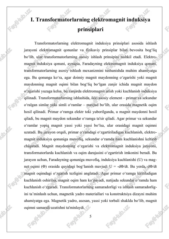ko‘p bo‘lsa, kuchlanma ortadi. aksincha, agar ikkilamchi o‘ramdagi chulg‘amlar kam bo‘lsa, kuchlanma kamayadi. bu xossa transformatorlarni elektr uzatish tarmoqlarida juda samarali vositaga aylantiradi. ii. ularning energiya yo‘qotilishi va issiqlik nazorati transformatorlarning energiya yo‘qotilishi va issiqlik nazorati muhim muammolar bo‘lib, ular transformatorlarning samaradorligini ta’minlash va uzoq muddatli ishlashini davom ettirish uchun asosiy ahamiyatga ega. elektr energiyasini uzatishda, transformatorlar o‘z ichiga olgan elektromagnit jarayonlar natijasida energiya yo‘qotilishi yuzaga keladi. bu yo‘qotilishlar asosan ikki turga bo‘linadi: o‘zaro bog‘liq bo‘lmagan issiqlik yo‘qotilishi (sıcaklik bilan bog‘liq) va elektromagnit yo‘qotilishlar (magnetik va elektr yo‘qotishlar). bu muammolarni hal qilish va nazorat qilish uchun, muhandislar va ilmiy jamoa turli texnologiyalar va metodlarni ishlab chiqmoqda. energiyaning yo‘qotilishining asosiy manbasi — magnetik yassi va o‘tkazgichlar orasida yuzaga keladigan elektr yo‘qotishlar. bu yo‘qotishlar asosan o‘tkazgichlarning elektr qarshiligi va magnetik yassi ichidagi hysteresis yo‘qotilishlar bilan bog‘liq. hysteresis yo‘qotilishi, ayniqsa, yassi materiallarning magnetizatsiya va demagnetizatsiya jarayonlarida yuzaga keladi va bu jarayonlar transformatorlarning ishlashida …