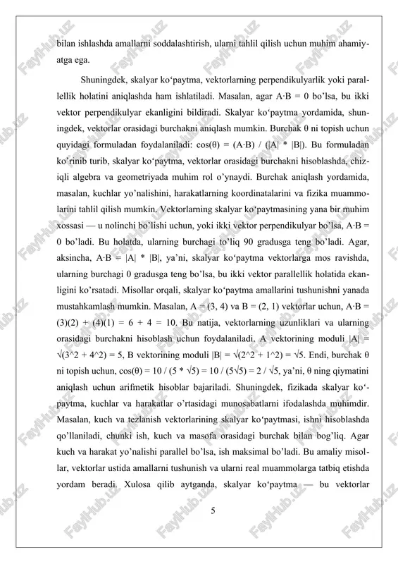 uhim konseptlardan biri — vektorlarning perpendikulyarligi va paralellik holatlari. agar \(\vec{a} \times \vec{b} = \vec{0}\), demak, \(\vec{a}\) va \(\vec{b}\) parallel yoki bir-biriga teng bo‘lgan burchak ostida joylashgan. aksincha, agar \(\vec{a} \times \vec{b}\) ning qiymati nolga teng bo‘lmasa, bu ikki vektor o‘rtasida perpendikulyar bog‘liqlik mavjudligini anglatadi. bu xossalar fizikada kuchlar va harakatlar analizida, shuningdek, muhandislikda strukturalardan foydalanishda muhimdir. vektor koʻpaytmasining amaliy qo‘llanilishlariga misol sifatida, fizikada kuchlarning momenti, to‘g‘ri burchakli tekisliklar va to‘g‘ri burchakli chiziqlarni aniqlash kiradi. masalan, kuchlarning momenti, ya’ni, \(\vec{m} = \vec{r} \times \vec{f}\), vektor koʻpaytmasi yordamida aniqlanadi, bu yerda \(\vec{r}\) — kuch markazidan ta’sir kuchigacha bo‘lgan vektor, \(\vec{f}\) esa kuch vektori. bu amaliy misollar, vektorlarning vektor koʻpaytmasini tushunish va uni real muhitda qo‘llash uchun asos bo‘lib xizmat qiladi. shu bilan birga, vektor koʻpaytmasi, matematik tahlil va algebra sohasida ham muhim o‘rin tutadi. bu operatsiya, vektorlar to‘plamining geometrik va algebraik xususiyatlarini o‘rganishda keng qo‘llaniladi. vektorlar bilan ishlashda, ularning vektor koʻpaytmasi …