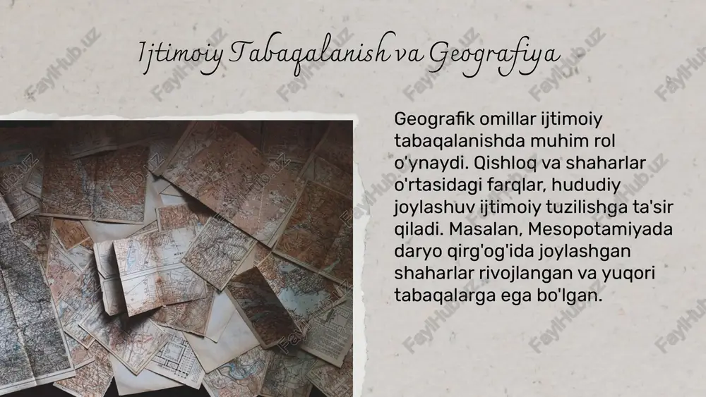 va rivojlanishi qadimgi jamiyatlarda ijtimoiy tizimlar sinf, qabila va ijtimoiy rollarga asoslangan edi. ular iqtisodiy va siyosiy o'zgarishlar bilan rivojlanib, yangi shakllarga o'tdi. tizimlarning o'zgarishi bilan bog'liq bo'lib, asosiy omillar: texnologik rivojlanish, madaniyat o'zgarishlari va siyosiy inqirozlar. bu omillar tizimlarning yangi shakl va strukturalarga o'tishiga olib keladi. tizimlar o'rtasidagi o'zaro ta'sirlar iqtisodiy va siyosiy integratsiya jarayonlarini kuchaytiradi. misol uchun, qabila tizimidan shahar davlatlariga o'tish iqtisodiy va siyosiy bog'liqliklarni oshirdi. tizimlar o'rtasidagi ta'sirlar o'zgarishlar sabablari rivojlanish natijalari ijtimoiy tabaqalanish va madaniyat ijtimoiy tabaqalanish madaniyatlarga katta ta'sir ko'rsatadi. yuqori qatlam konservativ qadriyatlarni saqlab qoladi, pastki qatlam esa dinamik va o'zgaruvchan madaniyatga ega bo'lishi mumkin. bu bog'liqlik jamiyatdagi ijtimoiy struktura va madaniy an'analarni shakllantiradi. xulosa geografik joylashuv va tabiiy resurslar mesopotamiyaning geografik joylashuvi, daryolar, iqlim sharoitlari va suv resurslari jamiyat rivojiga katta ta'sir ko'rsatgan. madaniyat, savdo va ijtimoiy tizimlar madaniyat, savdo va transport tizimlari, geografiyaning madaniy va dini hayotga ta'sirini ko'rsatadi, ijtimoiy tabaqalanish …