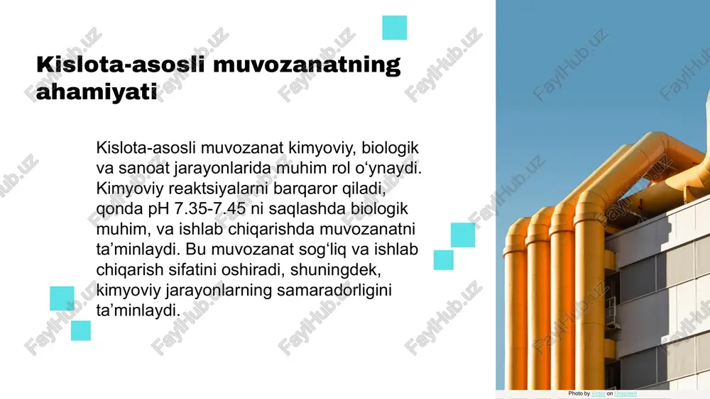 ikarbonat kislotasi bilan reaktsiyada, muvozanat holati va reaktsiya tezligi muhim rol o'ynaydi. kimyoviy muvozanatga ta'sir qiluvchi omillar: harorat, bosim va konsentratsiya. bu faktlar muvozanatning barqarorligini ta'minlashda muhimdir. biologik jarayonlarda ph muvozanati muhim ahamiyatga ega. masalan, qon ph darajasi 7.35-7.45 oralig'ida bo'lishi kerak. sanoatda, masalan, kimyoviy mahsulot ishlab chiqarishda, muvozanatni saqlash mahsulot sifatini oshiradi. bu jarayonlar, muvozanatni nazorat qilish orqali, samaradorlikni ta'minlaydi. amaliy misollarga, masalan, qog'oz ishlab chiqarish va dorixona sanoati kiradi. qog'oz ishlab chiqarishda kislota-asos muvozanati muhim, chunki u mahsulot sifatini yaxshilaydi. dorixona sohasida, muvozanatni saqlash, dorilarning sifat va xavfsizligini ta'minlaydi. bu misollar muvozanatning kundalik hayotdagi ahamiyatini ko'rsatadi. kislota-asosli muvozanatning amaliy misollari kislota va asoslar o'rtasidagi muvozanat misollari: sirka (xlorid kislota bilan), ammiak suyuqligi, limon va tuzlar bilan reaksiyalar. bu misollar kundalik hayotda, ovqatlanishda va tibbiyotda muhim ahamiyatga ega. sanoatda fosforit qazib olish, gidrometallurgiya jarayonlari va ekologiyada suv va tuproqni himoya qilish uchun kislota-asosli muvozanat muhimdir. bu amaliy misollar muvozanatning …