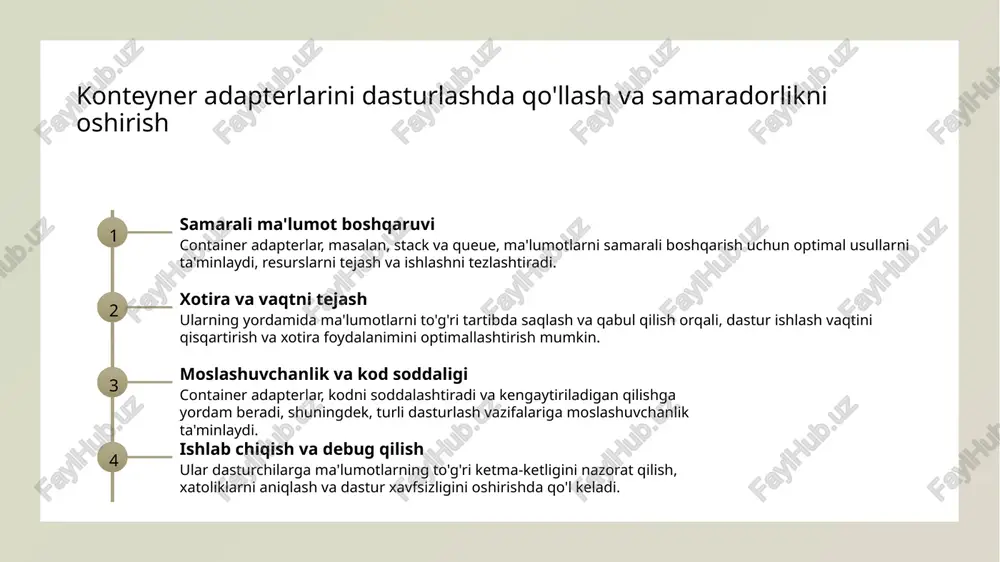 . stack, queue va priority queue: taqqoslash va amaliy qo‘llanilishi. o‘zbekiston axborot texnologiyalari jurnali, 15(3), 45-52. 3. yoshilov, a. (2021). ma’lumotlarni tashkillashtirishda konteyner adapterlarining roli. informatika va hisoblash texnikasi, 8(2), 78-85. 4. toshkent davlat texnika universiteti. (2018). algoritmlar va ma’lumotlar tuzilmalari. toshkent: tdtt nashriyoti. 5. bekmurodov, r. (2022). amaliy dasturlarda konteyner adapterlarini optimallashtirish usullari. innovatsion texnologiyalar va dasturlash, 10(1), 33-40. e'tiboringiz uchun rahmat! /docprops/thumbnail.jpeg