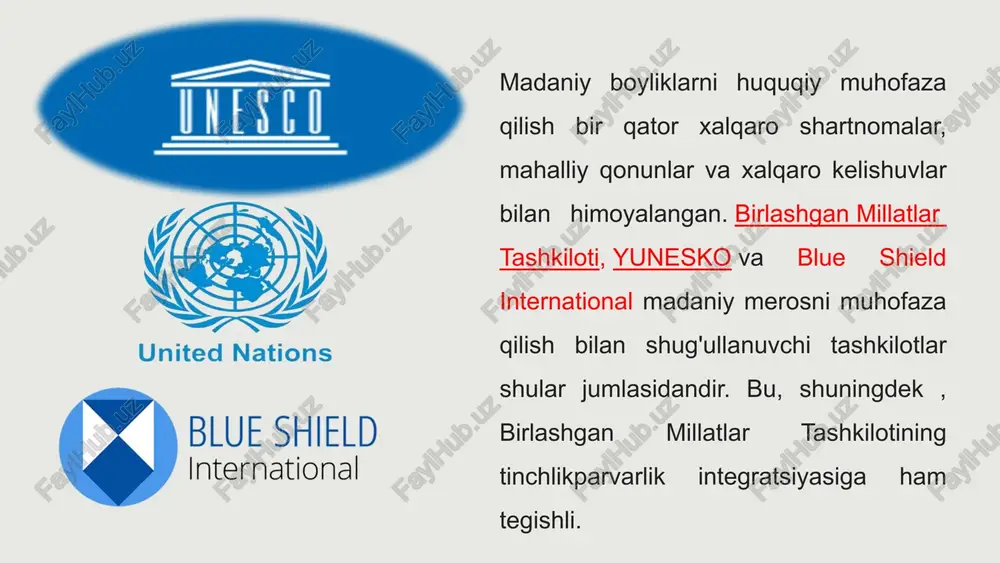 rni mustahkamlaydi, turli xalqlar o‘rtasida o‘zaro hurmat va bag‘rikenglikni kuchaytiradi. unesco tomonidan jahon ahamiyatiga ega moddiy va nomoddiy meros obyektlarini saqlash hamda targ‘ib qilish bo‘yicha maxsus dasturlar ishlab chiqilgan. bu dasturlar yordamida ko‘plab qadimiy yodgorliklar va an’analar xalqaro ro‘yxatga kiritilib, ularni asrab-avaylash yo‘lida muhim ishlar amalga oshirilmoqda. o‘zbekiston hududi ham madaniy merosga nihoyatda boy. bu yerda qadimiy shaharlar, tarixiy inshootlar, noyob qo‘lyozmalar bilan bir qatorda xalq og‘zaki ijodining turfa xazinasi mavjud. o‘zbek xalqining milliy raqslari, musiqasi, adabiy merosi va urf-odatlari xalqaro maydonda e’tirof etilgan. bu esa bizning xalqimizning o‘ziga xos o‘rni va tarixiy ahamiyatini ko‘rsatadi. 13 madaniy meros orqali barqaror turizmni rivojlantirish imkoniyatlari barqaror turizm madaniy merosni asrash bilan birga, mahalliy aholi uchun iqtisodiy foyda keltiradigan va atrof-muhitga salbiy ta'sirni kamaytiradigan yondashuvdir. 01 meros ob'ektlarini saqlash har bir sayyohlik joyi uchun ehtiyotkorlik bilan boshqarish rejasini ishlab chiqish va joriy qilish. sayyohlar sonini nazorat qilish va ularning ob'ektlarga zarar yetkazishini oldini …