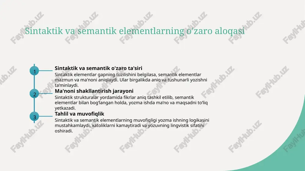 i. madaniyat va til nuanslarini hisobga olgan tahlil texnikalari 01 madaniyat va til aloqasi madaniyat va til o'rtasidagi bog'liqlikni tahlil qilishda, nutqi va yozuvdagi madaniy elementlarning o'zaro ta'siri muhim. bu nuanslar yozma ishlarga chuqur mazmun qo'shadi. 02 nuanslarni aniqlash usullari tilshunoslar madaniyatga oid terminlar, idiomalar va so'z birikmalarini tahlil qilib, madaniyat va til nuanslarini aniqlash uchun aniq texnikalar qo'llashadi. bu yozma ishni boyitadi. 03 kontekstga e'tibor yozma ishda madaniy kontekstni hisobga olish uchun, yozuvda ishlatilgan so'zlar va iboralar madaniyatga mosligini, shuningdek, ularning ma'nosini to'g'ri tushunishni ta'minlash muhim. akademik yozuvda lingvistik xususiyatlarni rivojlantirish uchun uslublar aniq va tushunarli til akademik yozuvda tilni aniq va tushunarli qilish uchun murakkab iboralar va noaniqlikdan qochish, aniq ma’no va mantiqiy strukturaga e'tibor berish muhim. sintaktik moslik yozuvda sintaktik elementlarning to'g'ri va lo‘nda tuzilishi, fikrlarning ravon va mantiqiy ketma-ketligini ta’minlash, axborotni samarali yetkazishga yordam beradi. formal uslub va an’ana akademik yozuvda formal uslubni saqlash, mustahkam va …