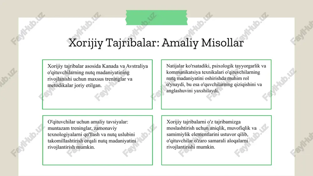 n sharoitiga moslashtirilgan tajribalar va takliflar bilan kelajak uchun strategiyalar ishlab chiqilishi zarur. bu, o'z navbatida, nutq madaniyatining oshishiga va ta'lim tizimining rivojlanishiga xizmat qiladi. foydalanilgan adabiyotlar 1. ismoilov, a. o'qituvchilar nutq madaniyatini rivojlantirish usullari. toshkent davlat universiteti nashriyoti, 2019. 2. sardorov, b. xorijiy tajribalar asosida o'qituvchilar uchun nutq madaniyatini oshirish strategiyalari. o'zbekiston milliy universiteti matbuoti, 2021. 3. qodirov, m. samaradorlik mexanizmlari va ularni ta'lim jarayonida qo'llash. toshkent pedagogika instituti nashriyoti, 2020. 4. yusupov, d. xorijiy tajribalar va ularning o'zbekiston sharoitida joriy qilinishi. o'zbekiston ta'lim va fan akademiyasi, 2022. 5. rahimov, f. o'qituvchilarning nutq madaniyatini oshirishda innovatsion metodlar. o'zbekiston xalq ta'limi jurnali, 2023. e'tiboringiz uchun rahmat! designed by slides carnival image1.png image2.png image3.png image4.png image5.png image23.jpg image17.png image24.jpg image6.jpg image7.png image18.jpg image19.jpg image20.png image21.png image22.png