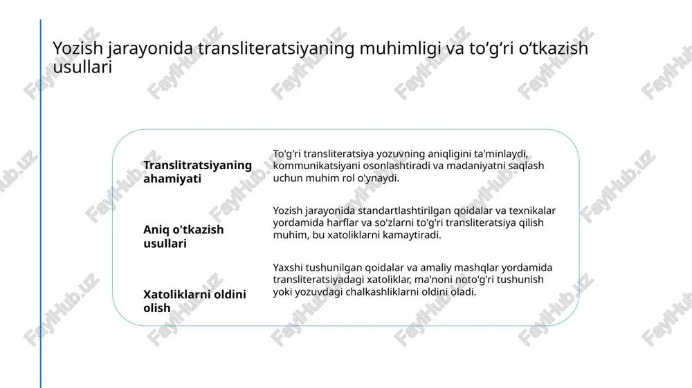 aqlash to‘g‘ri transliteratsiya, tarixiy va madaniy merosni saqlashda muhim, yozma an’analarning davomiyligini ta’minlab, milliy identitetni kuchaytiradi. 3 lingvistik moslashuv qoidalar, yangi texnologiyalar va xalqaro standartlarga moslashishni ta’minlab, tilning aniq va oson tushunilishini ta’minlab, kommunikatsiyani rivojlantiradi. tarixiy va zamonaviy kontekstda transliteratsiya qoidalarining evolyutsiyasi. 1 tarixiy rivojlanish transliteratsiya qoidalari tarixda turli davrlarda o'zgargan, yozuv tizimlarining rivojlanishi bilan o'zgarib, zamonaviy standartlarga erishdi. 2 standartlashtirish jarayoni 20-asrda muayyan standartlar ishlab chiqildi, bu esa yozuvda aniqlik va tushunishni ta'minlab, til va madaniyatni saqlashga yordam berdi. 3 zamonaviy talablar hozirgi kunda texnologik rivojlanish va xalqaro aloqalar transliteratsiya qoidalarini yangilash va moslashtirishni talab qilmoqda. 4 tarixiy va zamonaviy o'zgarishlar tarixiy jarayonlar va zamonaviy ehtiyojlar transliteratsiya qoidalarining evolyutsiyasini belgilab, ularning barqarorligini va moslashuvchanligini ta'minlaydi. koʻchirish qoidalarining amaliyotdagi qoʻllanilishi va muammolari. 1 amaliy qoʻllanilish muammolari - koʻchirish qoidalarini amaliyotda qoʻllashda, baxtsiz xatoliklar va notoʻgʻri transliteratsiya yuzaga kelishi mumkin, ayniqsa talaffuz va yozuvdagi farqlarga e'tibor berilmasa. 2 texnologik muammolar - …