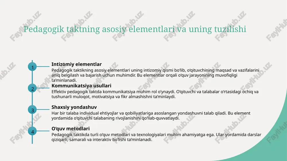 madaniyatlar va qadriyatlar pedagogik taktikni shakllantirishda muhim rol o‘ynaydi. ular o‘qituvchilarga madaniy an’analar va urf-odatlarni hisobga olish imkonini beradi. 2 an'analar va urf-odatlar har bir milliy madaniyat o‘zining an’analari va urf-odatlariga ega bo‘lib, ular pedagogik jarayonda ta’lim uslublarini moslashtirishda asosiy yo‘nalishdir. 3 yosh avlodga ta’sir madaniyat va qadriyatlar yoshlar ongiga ta’sir qiladigan asosiy elementlar bo‘lib, ular orqali pedagogik taktiklar yanada samarali va madaniyatga mos bo‘ladi. turli madaniyatlardagi pedagogik taktikning rivojlanish tarixiy jarayonlari 1 madaniyatlararo ta'sir pedagogik taktiklarning rivojlanishi madaniyatlararo aloqalar bilan bevosita bog‘liq bo‘lib, turli xalqlar va madaniyatlarning pedagogik yondashuvlari o‘zaro ta'sir natijasida shakllangan. bu jarayon tarix davomida o‘zgargan va yangi uslublar paydo bo‘lgan. 2 tarixiy rivojlanish o‘zbekistonda va boshqa madaniyatlarda pedagogik taktikning rivojlanishi qadimiy davrlardan boshlab, zamonaviy pedagogik nazariyalar bilan uyg‘unlashgan. bu jarayon milliy an’analarga asoslangan yondashuvlarni shakllantirdi. 3 madaniyatlararo muloqot madaniyatlararo pedagogik taktiklar, o‘qituvchilar va talabalar o‘rtasidagi muloqotni rivojlantirish uchun muhimdir. bu usullar madaniyatlararo tushunishni oshiradi va global …