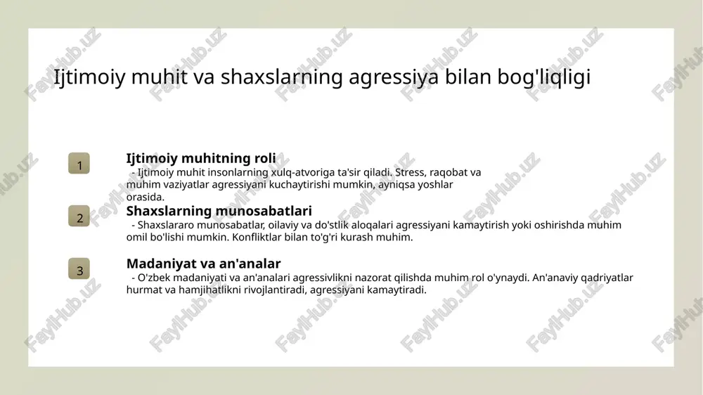 iy va tolerant bo'lishga intiladi. uzbek jamiyatida agressivlikning ijobiy va salbiy tomonlarini tahlil qilish ijobiy tomonlari agressivlik ba'zan muomala va o'zaro tushunishni rivojlantirish uchun imkoniyat yaratadi, shuningdek, muhim muammolarni ochiq muhokama qilishga yordam beradi. salbiy tomonlari uzoq muddatli agressiya shaxsiy muammolar, oilaviy muvozanatni buzadi, hamda jamiyatda nizolar va shaxslararo ziddiyatlarni kuchaytiradi. ijtimoiy ta’sirlar agressivlikning ijobiy va salbiy tomonlari, madaniyat va jamiyat normalariga bog'liq bo'lib, uning shakllanishi va qabul qilinishida muhim rol o'ynaydi. interpersonal agressiyaning turli shakllari va ularning asosiy sabablari 1 tashqi muhit ta'siri atrof-muhitdagi muammolar, stress va bosimlar insonlarda agressivlikni kuchaytirishi mumkin. oila, maktab yoki ish joyidagi muhit bu xulq-atvorni shakllantiradi. 2 psixologik omillar o'zini past baholash, qoniqmaslik yoki xafa bo‘lish hissi agressiyani oshiradi. shaxsiy muammolar va ichki konfliktlar uning asosiy sabablari bo‘lishi mumkin. 3 ijtimoiy va madaniy faktlar jamiyatdagi stereotiplar, madaniyat va an'analarning agressivlikni rivojlantirishda roli katta. masalan, erkaklik yoki kuch bilan bog'liq normalar aggressiyani rag'batlantiradi. 4 qonuniy …