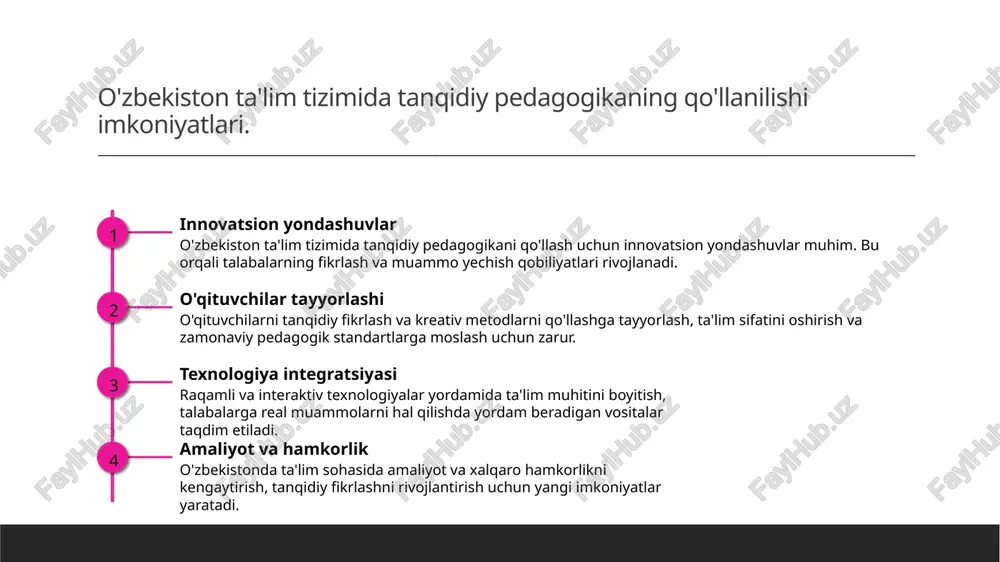 r o'zbekiston ta'lim tizimida tanqidiy fikrlashni qo'llash uchun innovatsion pedagogik metodlar, texnologiyalar va o'qitish shakllarini kengaytirish muhim. bu orqali o'quvchilarning analitik va muammo hal qilish qobiliyatlari rivojlanadi. 2 ta'lim siyosati va dasturlar davlat ta'lim siyosati va dasturlarida tanqidiy fikrlashni rivojlantirishga qaratilgan aniq strategiyalar va standartlar joriy etilishi muhim ahamiyatga ega. bu esa tizimda uzluksiz rivojlanishni ta'minlaydi. 3 ustozlar va o'quvchilar hamkorligi ustozlar va o'quvchilar o'rtasida faol muloqot va hamkorlikni rivojlantirish, tanqidiy fikrlashni qo'llash uchun muhim omil hisoblanadi. bu yondashuv o'quv jarayonini yanada samarali va ijodiy qiladi. tanqidiy fikrlashni rivojlantirish uchun innovatsion pedagogik yondashuvlar. 1 innovatsion metodlar - tanqidiy fikrlashni rivojlantirish uchun innovatsion pedagogik yondashuvlar yangi texnologiyalar, kreativ metodlar va interaktiv usullarni o'z ichiga oladi. bu yondashuvlar o'quvchilarning muammolarni tahlil qilish va mustaqil fikrlash ko'nikmalarini oshiradi. 2 o'yin va simulyatsiyalar - o'yinlar va simulyatsiyalar yordamida talaba muhitni faol yaratadi, bu esa fikrlash jarayonini qiziqarli va amaliy qiladi. bu usul kreativ va …