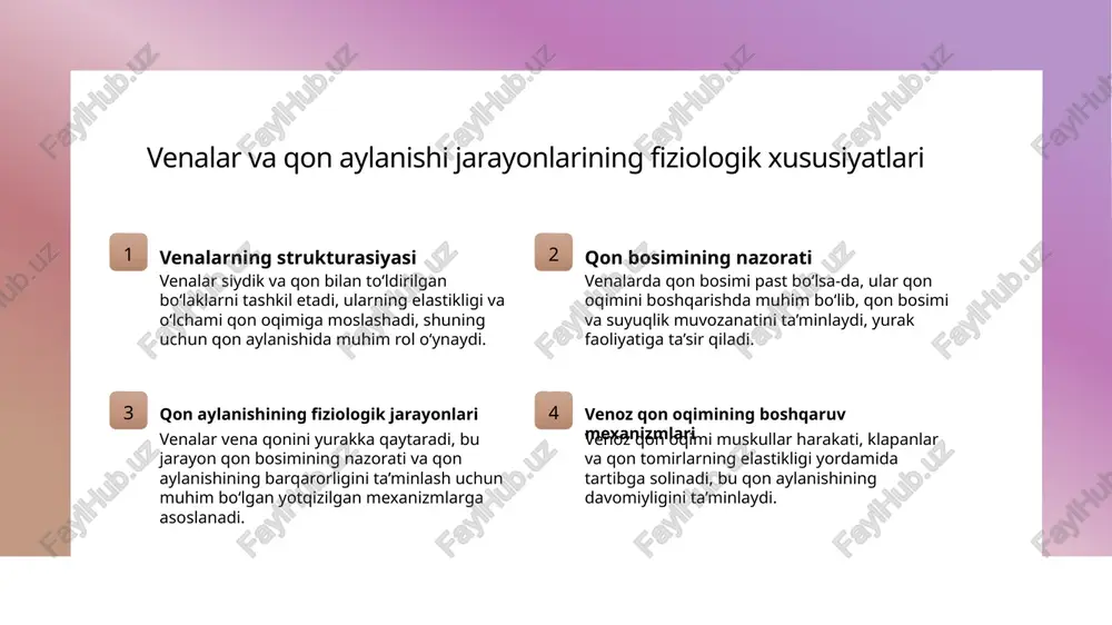 va qon aylanishining buzilishiga olib keladi. patofiziologik jarayonlar venoz tizimdagi muammolar, qon bosimi va qon qattiqlashining patofiziologik asoslarini tushunish, davolash va oldini olish uchun muhimdir. yurak va venoz tizim o'rtasidagi aloqalar: muammolar va profilaktika choralari 1 yurak va venoz tizimning aloqasi yurak va venoz tizim bir-biri bilan doimiy ravishda bog‘liq bo‘lib, yurak qon tomirlarining umumiy funksiyasini ta’minlaydi, qon aylanishining uzluksizligini ta’minlaydi. 2 muammolar va xavf omillari yurak va venoz tizimdagi muammolar (masalan, yurak yetishmovchiligi yoki venoz tromboz) qon aylanishini buzib, organizmda gipoksiya va turli kasalliklarni keltirib chiqarishi mumkin. 3 profilaktika va davolash muammolarni oldini olish uchun sog‘lom turmush tarzini saqlash, jismoniy faollik, to‘g‘ri ovqatlanish va shifokor nazorati muhimdir. zamonaviy davolash metodlari muhim rol o‘ynaydi. xulosa 01 venoz tizimning asosiy vazifalari va roli venoz tizim organizmda deoxygenatlangan qon yetkazib, yurakka qaytaradi, qon aylanishini muvofiqlashtiradi va sog‘liqni ta’minlaydi. bu tizim yurak va boshqa organlar uchun muhim vazifa bajaradi, sog‘liqni saqlashda asosiy rol …