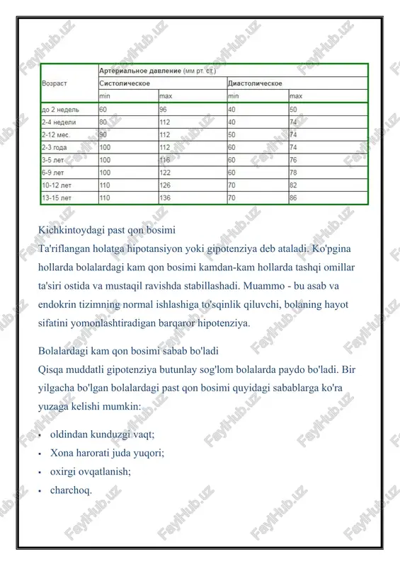 lani qalbdan farqlashni o'rgatish. 6. oiladagi ziddiyatlardan saqlanish. 7. jismoniy faoliyat uchun vaqt berish. foydali suzish, raqs, ot minish. bolalarda bosim kuchayadi gipertenziya yoki gipertoniya o'smirlik davrida keng tarqalgan. 12 yoshgacha bo'lgan bolada doimiy yuqori qon bosimi kam uchraydi va organizmda jiddiy buzilishlarni ko'rsatadi. gipertenziya belgilarini muntazam ravishda rivojlantirsangiz, chaqalog'ingizni darhol shifokorga olib boring. kerakli davolansiz, bu patologiya xavfli asoratlarga olib keladi. yuqori qon bosimi - sabablar ushbu hodisani keltirib chiqaradigan asosiy omil gormonal qayta qurishdir. pubertal davrda adrenalin va aldosteron kontsentratsiyasi ortadi va bu o'smirlik davrida yuqori qon bosimini keltirib chiqaradi. 12 yoshdan 15 yoshgacha bu ko'rsatkich yosh guruhlarga qaraganda ko'proq. gipertenziya boshqa fiziologik sabab - qon aylanish tizimidagi o'zgarishlar. bolaning o'sishi bilan tomirlarning lümeni daralması va kapillyar tarmoq kengligi tufayli qon bosimi ortadi. bolalarda gipertenziya paydo bo'lishining patologik omillari: · buyrak kasalligi; · endokrin kasalliklar; · zaharlanish; · miyaning zararlanishi; · qon tomir tonusining buzilishi; · yurak kasalligi. …
