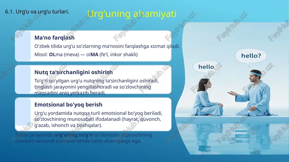 h ko'nikmasi nafaqat til bilimini, balki kommunikativ qobiliyatlarni ham rivojlantiradi, bu esa ta'lim jarayonida ham, kelajakdagi kasbiy faoliyatda ham muhim ahamiyatga ega. 6.2. pauza. pauza turlari. 14 pauzaning ifodali o'qishdagi ahamiyati "pauza - so'zsiz ta’sir vositasi" pauza - nutqda to'xtash, sukut qilish orqali ma'no va emotsiyani kuchaytirish usuli. u oddiy to'xtash emas, balki nutqning muhim qismi bo'lib, tinglovchiga asarni chuqurroq tushunish imkonini beradi. 6.3. ifodali o‘qishda pauzaning ahamiyati. 15 pauzaning turlari grammatik pauza tinish belgilari asosida qo'yiladigan pauza. vergul, nuqta, ikki nuqta kabi belgilar asosida qilinadi. misol: "u keldi, ko'rdi, g'alaba qildi." mantiqiy pauza matnning ma'nosini ajratish va ta'kidlash uchun qo'llaniladi. tinish belgilari bo'lmagan joylarda ham qo'yilishi mumkin. misol: "u bu ishni || juda yaxshi || bajardi." psixologik pauza emotsional ta'sirni kuchaytirish, personajlarning ruhiy holatini ifodalash uchun qo'llaniladi. misol: "men... sizni... sevaman..." 6.3. ifodali o‘qishda pauzaning ahamiyati. 16 pauzadan foydalanish qoidalari tabiiylik: pauzalar sun'iy bo'lmasligi, matnning mazmunidan kelib chiqishi kerak …