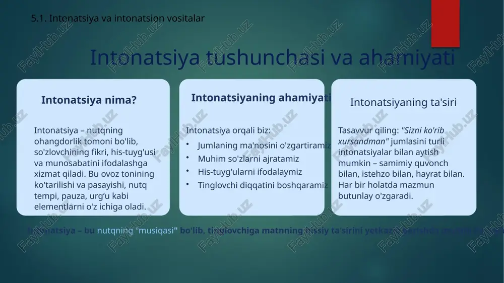 g'u kechada ko'zingni och,qorong'u kechada yulduzlar porlar. qorong'u kechada umiding och,qorong'u kechada yorug' tong borlar." parallelizm she'rning musiqiyligini oshiradi va g'oyani ta'kidlashga yordam beradi. 5.3. temp. nutq tempini belgilovchi vositalar. 5.3. temp. nutq tempini belgilovchi vositalar. 13 ritorik murojaat ritorik murojaat – nutq yoki yozma asarda muallif tomonidan tinglovchiga, o'quvchiga yoki mavhum shaxsga, narsaga qaratilgan, javob kutilmaydigan murojaat. bu usul tinglovchining e'tiborini jalb qilish, hissiyotlarni kuchaytirish va ta'sir kuchini oshirish uchun qo'llaniladi. ritorik murojaatning vazifalari tinglovchi e'tiborini jalb qilish emotsional ta'sirni kuchaytirish fikrni ta'kidlash nutqqa emotsionallik bag'ishlash ritorik murojaat misollar "ey hayot, sen naqadar go'zalsan!" "vatan, sening har bir tosh-u tuprog'ing bizga aziz!" "ey shamol, qayoqlarga yelmoqdasan?" "yuragim, nega buncha bezovtasan?" ritorik murojaat ifodali o'qishda alohida ohang va his bilan talaffuz qilinishi kerak, chunki u ko'pincha asarning eng ta'sirchan o'rinlarida qo'llaniladi. 5.3. temp. nutq tempini belgilovchi vositalar. 14 ifodali o'qish mashg'uloti tahlil bosqichi matnni diqqat bilan o'qib chiqing asosiy g'oyani …
